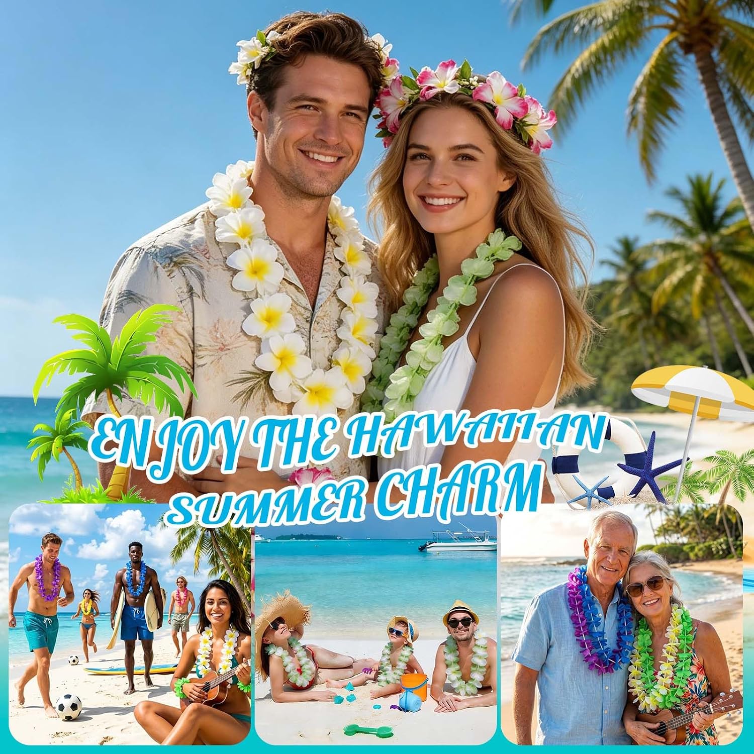 Detalle de Bszatan 100-Piece Hawaiian Flower Garlands — Bulk Leis for Beach Luau & Party Decor