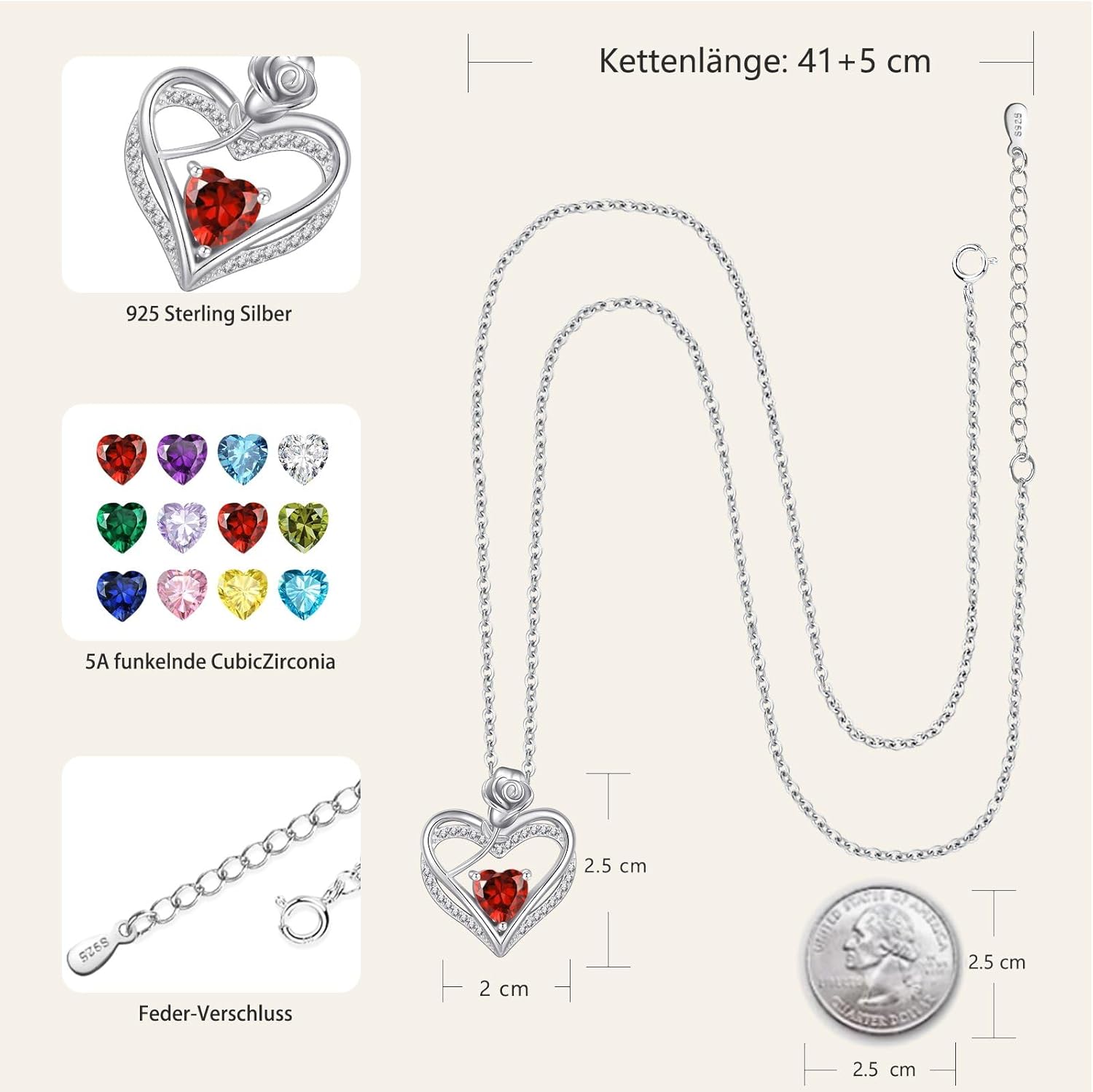 Thumbnail 4 de Muttertagsgeschenk: Halskette Damen Silber 925 – Herz, Rose & Geburtsstein