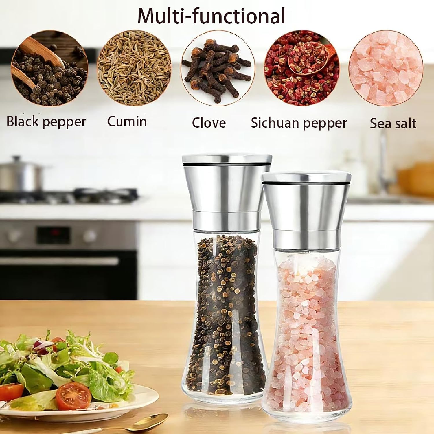 Detalle de CUESVAP VP-YMQ24 Salt and Pepper Mills, Adjustable Ceramic Grinder, Glass Body