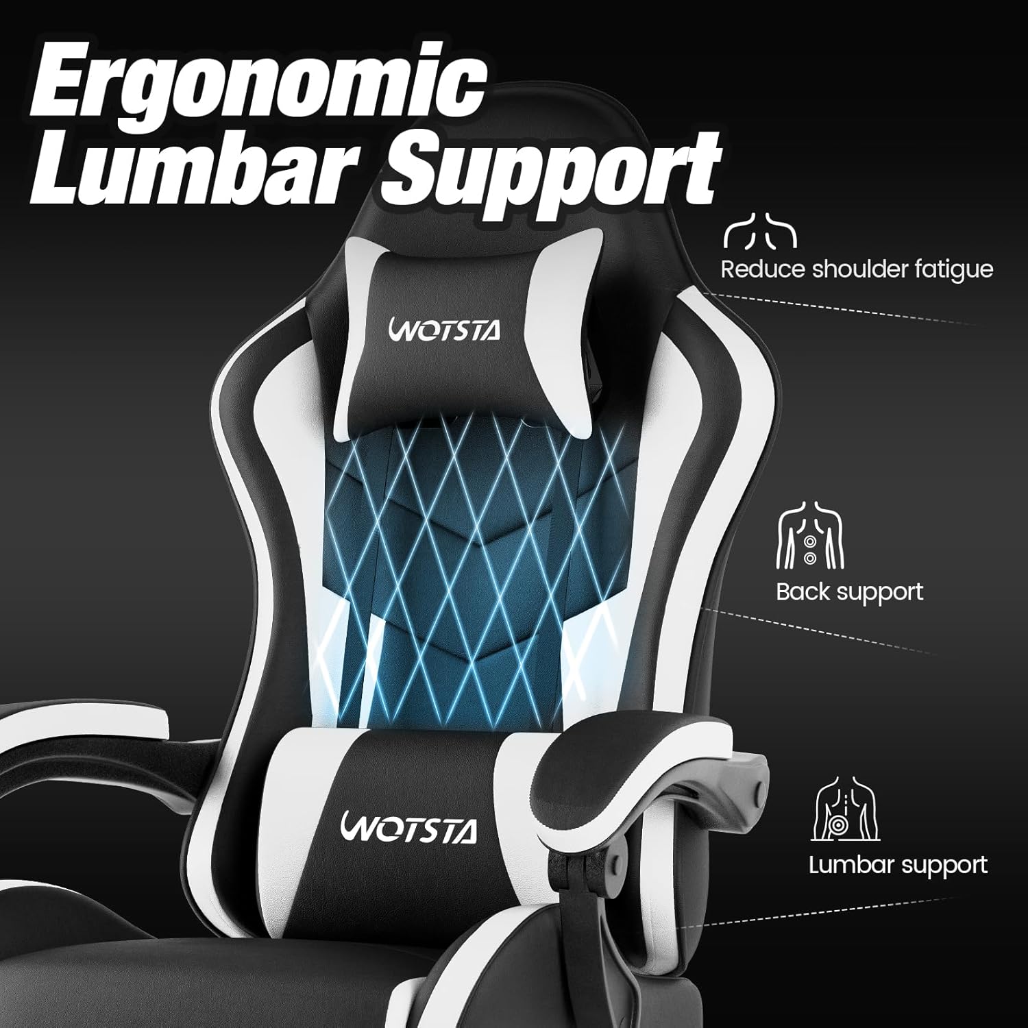 Thumbnail 3 de WOTSTA Gaming Chair with Footrest – ergonomic office or gaming chair with lumbar support, headrest and 135° recline