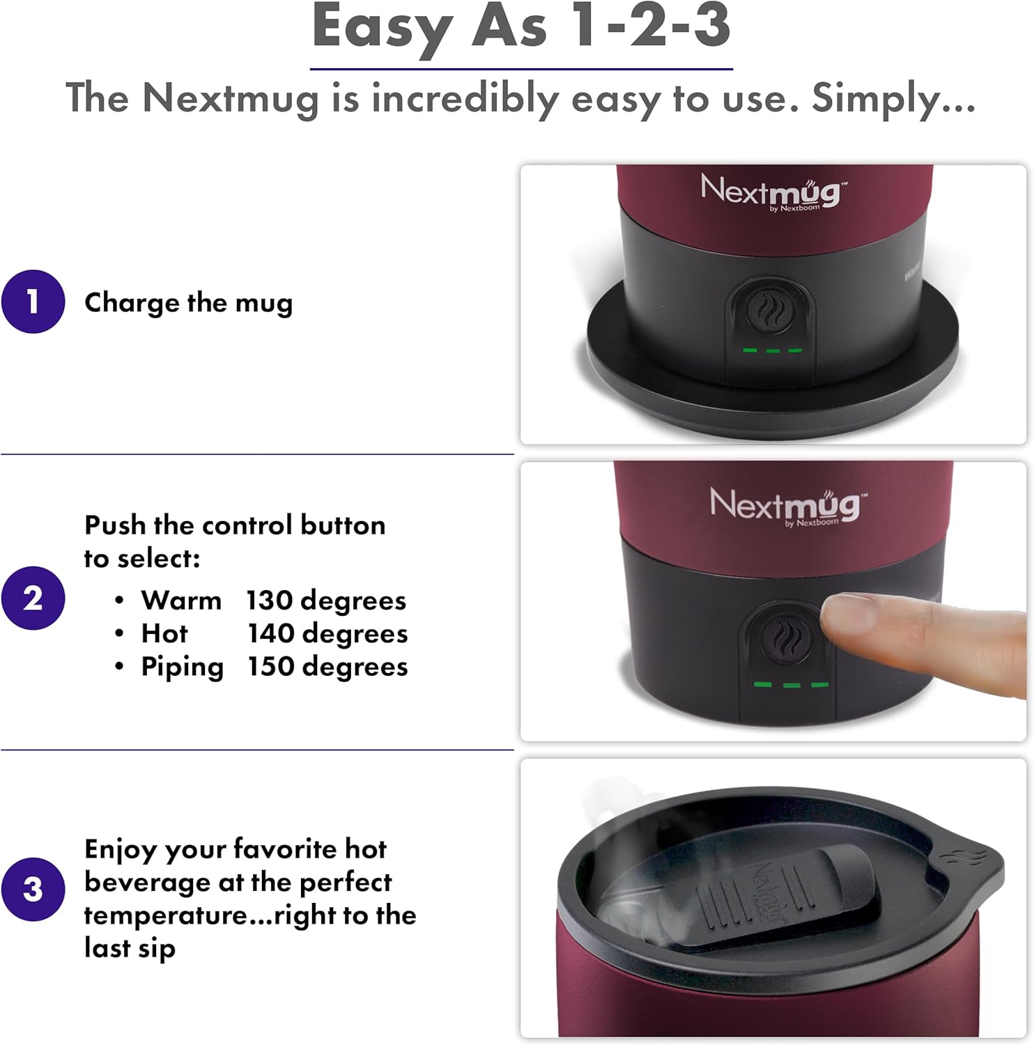 Thumbnail 3 de Nextmug Ultra - Temperature-Controlled, Self-Heating Travel Mug (Burgundy, 24 oz.)