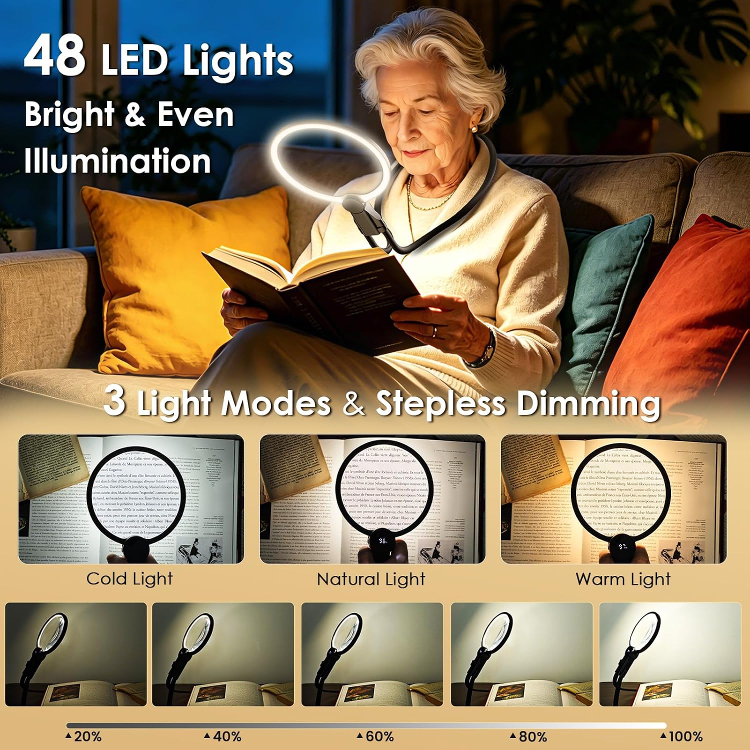 Thumbnail 2 de Rechargeable Magnifying Glass with Light for Reading – 5X Large, Neck-Wearable, Hands-Free & Desk Use