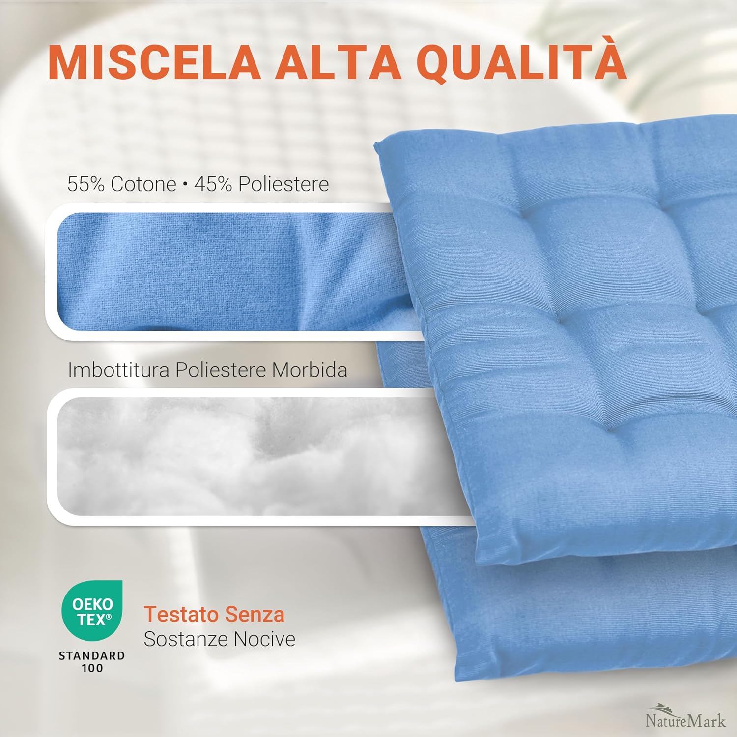 Thumbnail 6 de NatureMark Set 8 Cuscini per Sedie con Cordini 40x40 cm – Colore Azzurro
