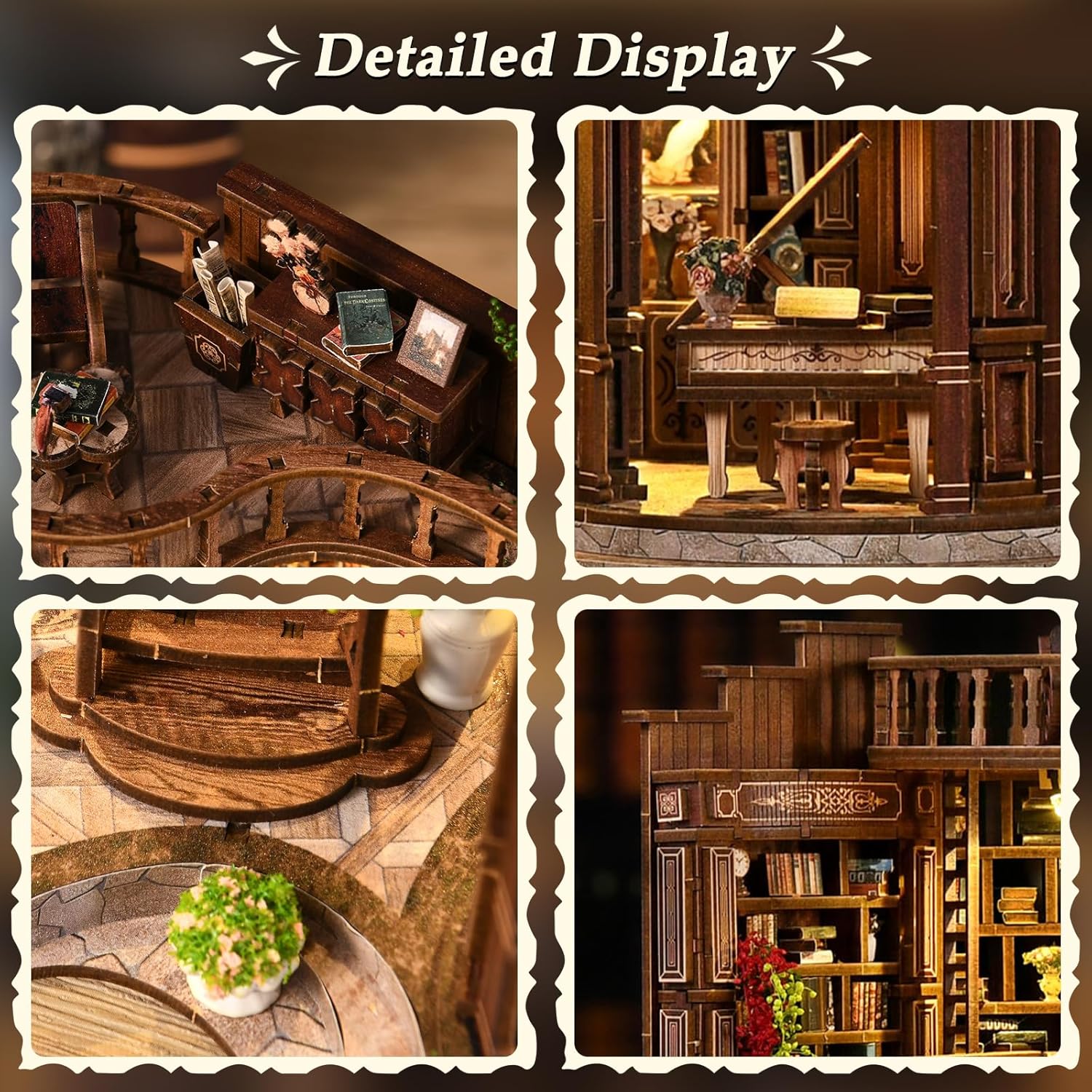 Detalle de Teoryieer Wooden Booknook DIY 3D con luci LED: libreria retrò a tema piano