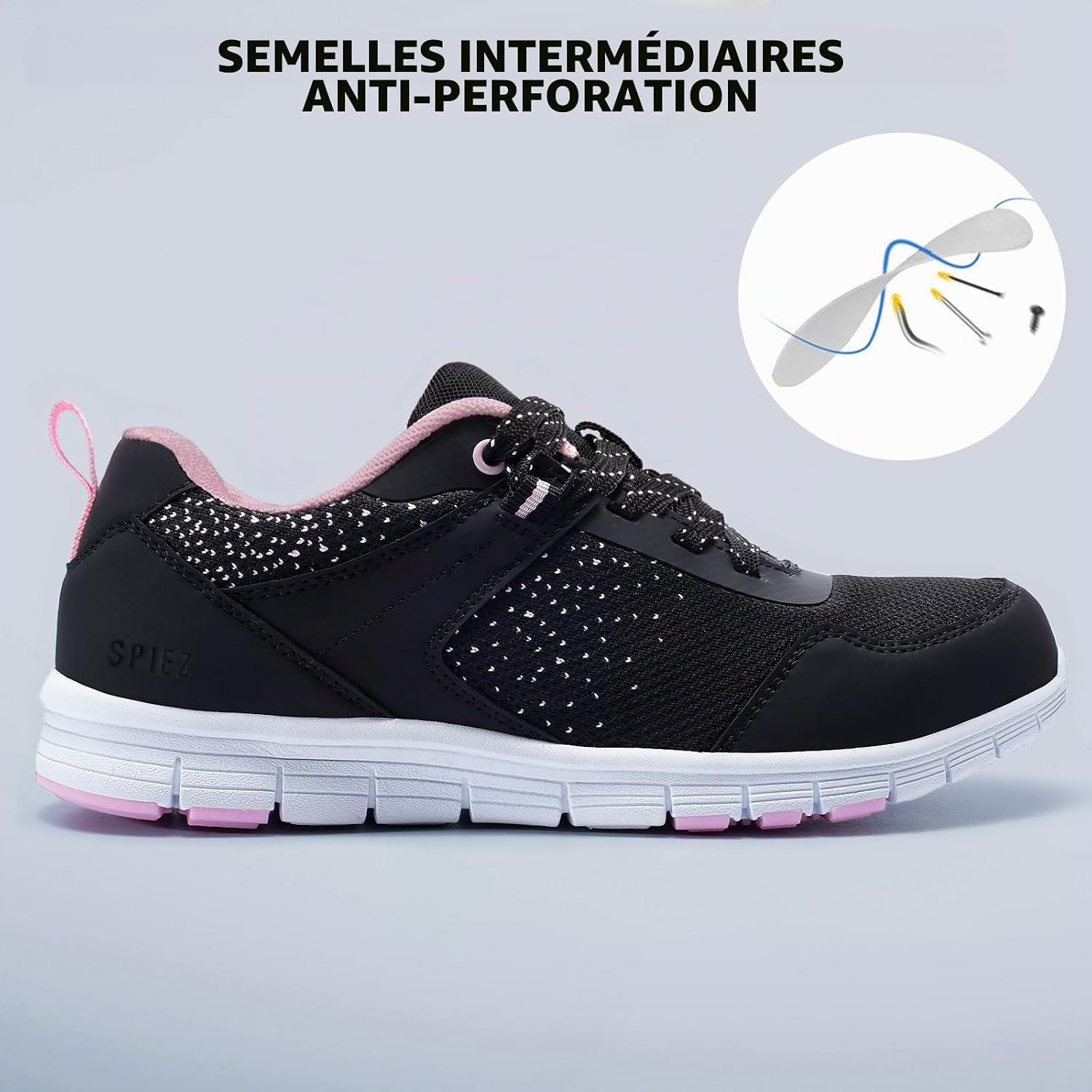 Detalle de SPIEZ veiligheidsschoenen voor dames in sneakerformaat, licht en antislip