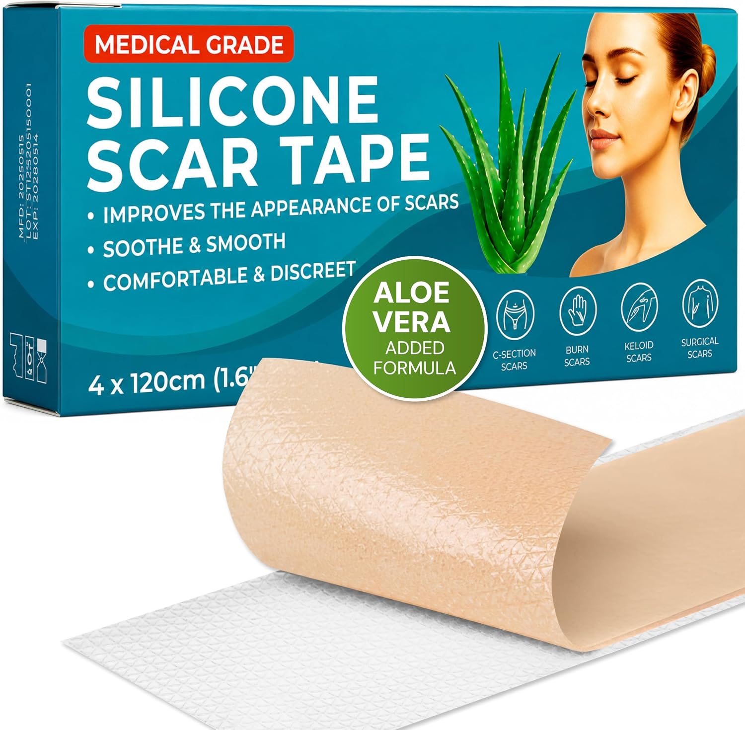 Detalle de Silicone Scar Tape with Aloe Vera — Medical Grade Silicone Sheets & Tape for Surgical and C‑Section Scars (4cm x 1.2m)