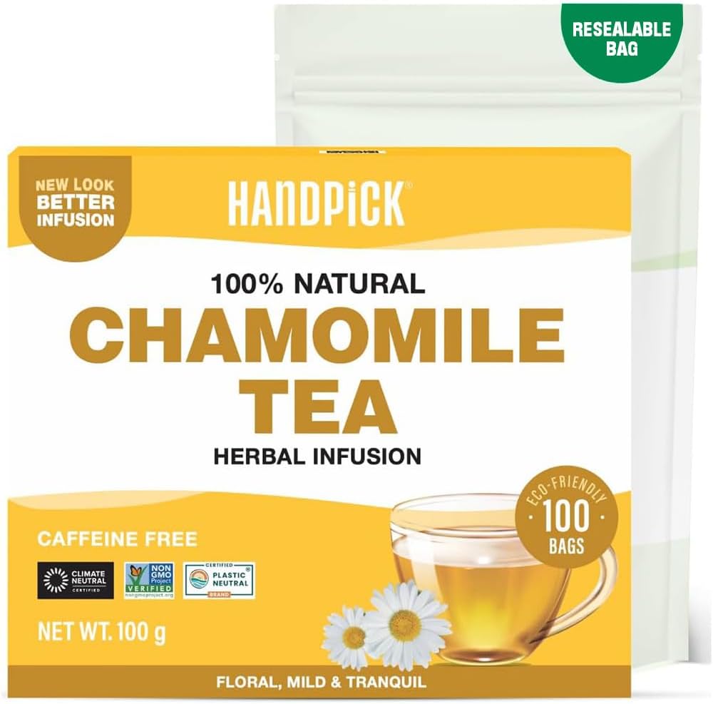 Detalle de HANDPICK Tisane de Camomille – 100 Sachets Écoresponsables, Sans Caféine & 100% Fleurs de Camomille Pur