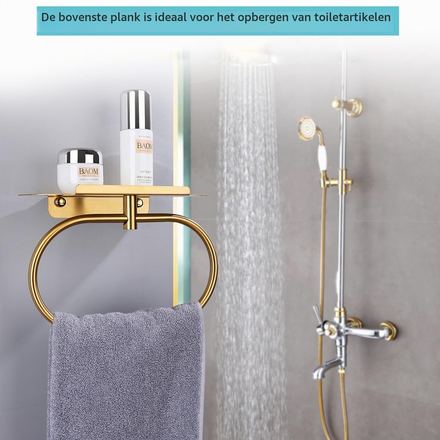 Detalle de DIYZON DIY-ZWJ handdoekring met plank, goudkleurig gepolijst RVS