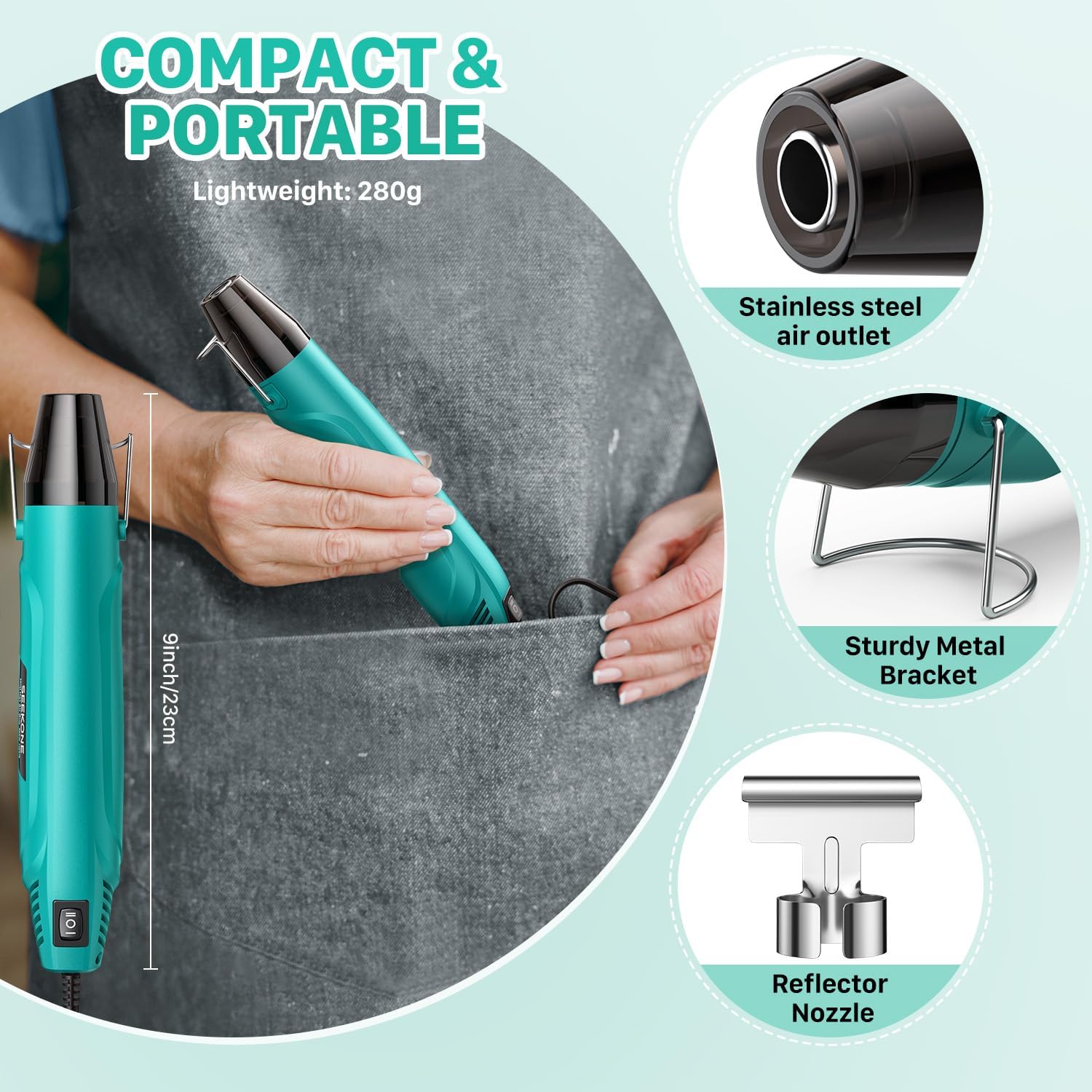 Thumbnail 3 de SEEKONE 350W Mini-Heißluftpistole – 260 °C/450 °C, Überlastschutz, Reflektor-Düse, 1,5 m Kabel