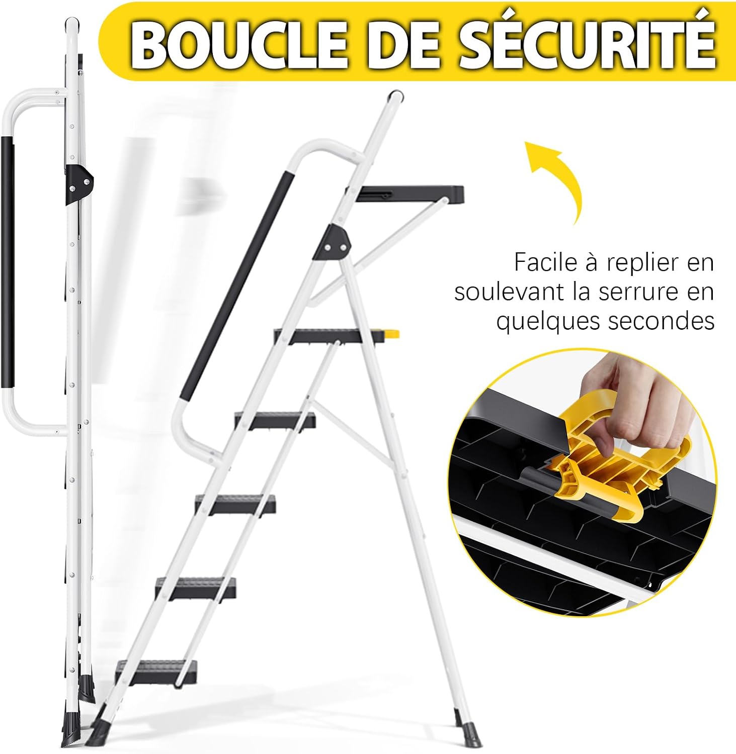 Detalle de KINGRACK Escabeau Pliable 5 marches – Charge maximale 150 kg, acier résistant, sécurité renforcée