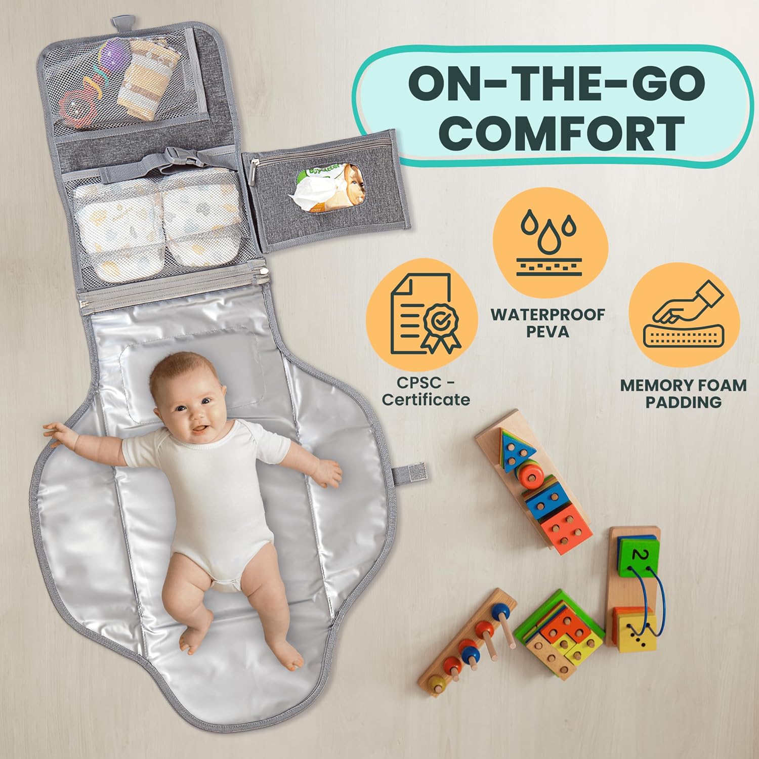Detalle de PILLANI Portable Baby Changing Pad, Waterproof, Foldable with Wipes Holder