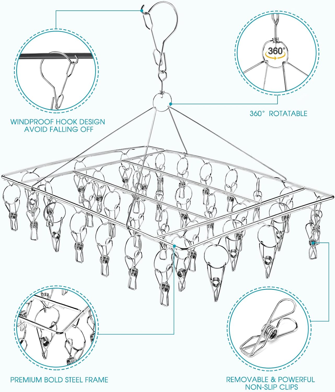 Thumbnail 2 de Sinnsally Folding Sock Dryer with 36 Pegs: Stainless Steel Drying Rack for Socks and Small Garments