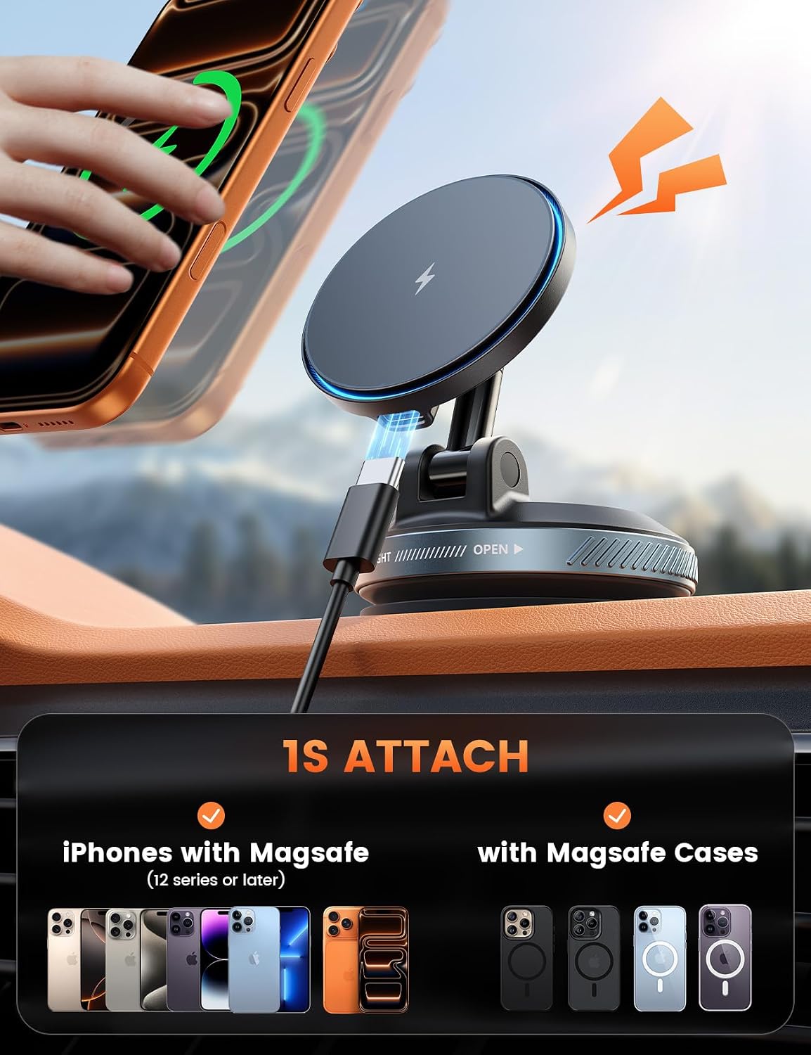 Thumbnail 3 de Lamicall MagSafe Car Mount Charger (15W) with 70Lbs Vacuum & 360° Arm – Black