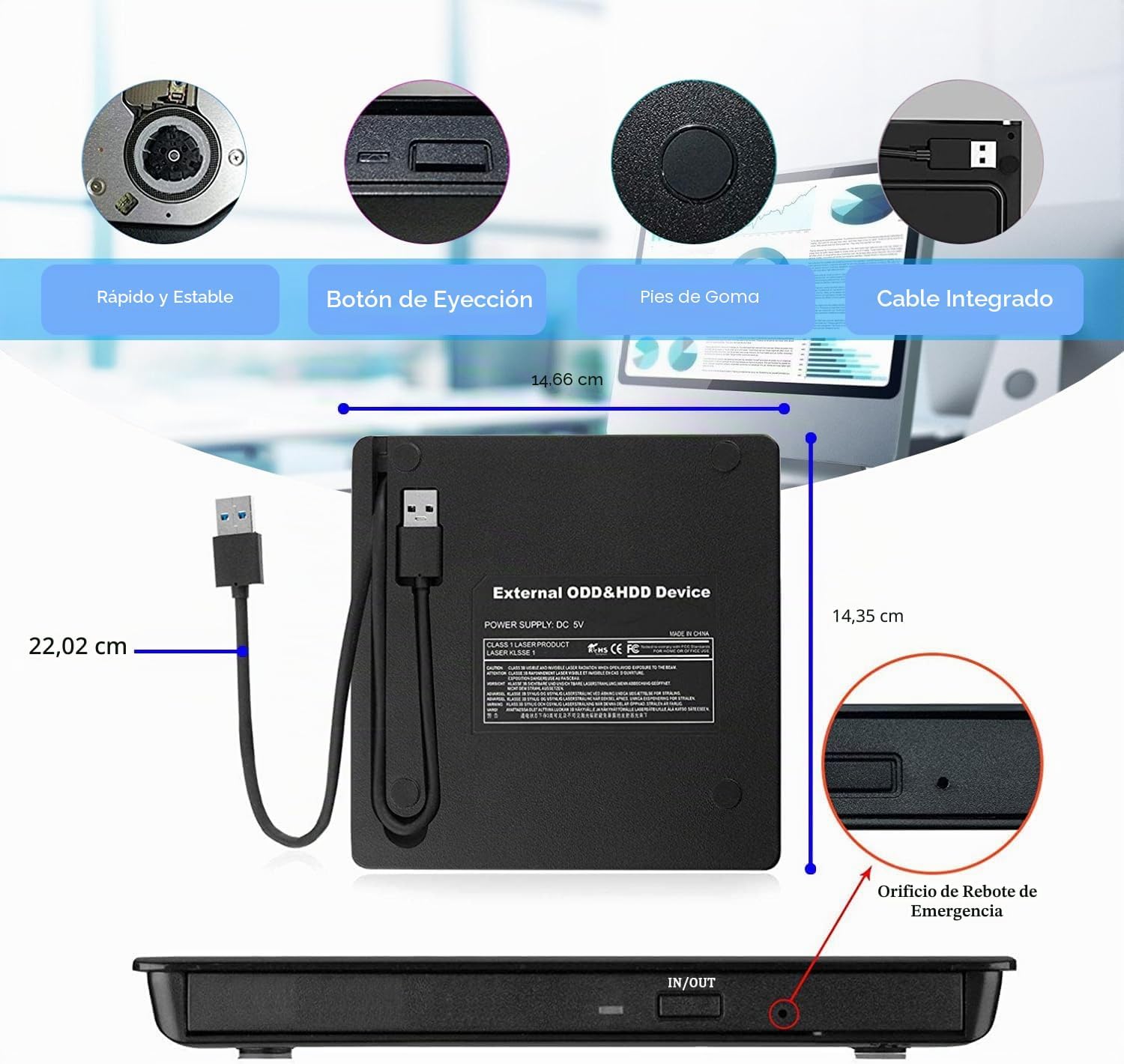 Detalle de Antika Grabadora de DVD/CD externa USB 3.0 Ultrafina con lector de tarjetas portátil (negro)