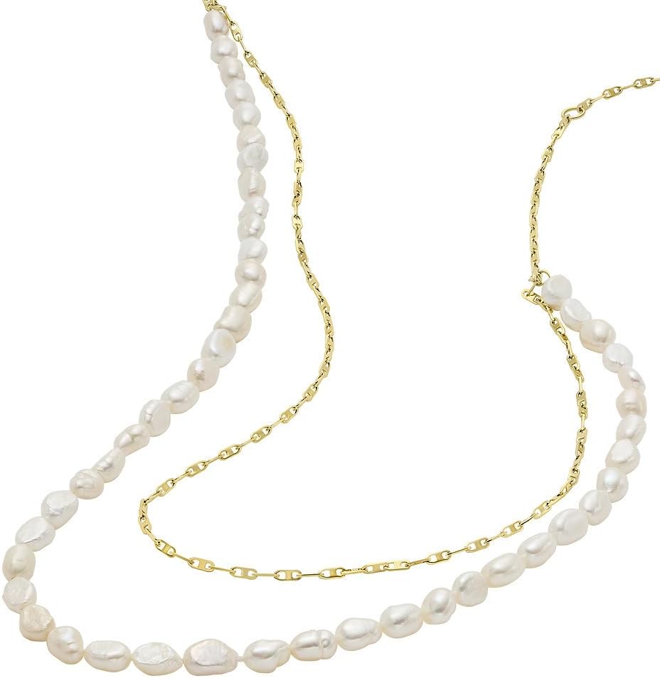 Thumbnail 3 de Collier double Fossil Heritage Pearl en fausses perles d’eau douce blanches, acier inoxydable doré JF04728710