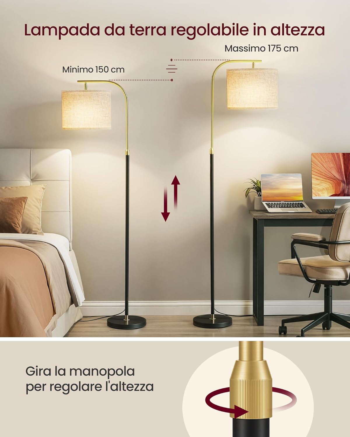 Thumbnail 3 de VASAGLE Lampada da Terra ad Arco LFL006BD02: regolabile 150–175 cm con attacco E27 e interruttore a pedale