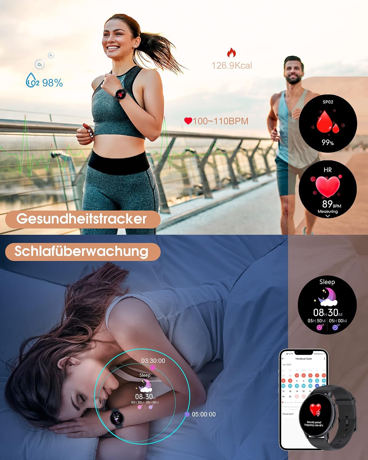 Detalle de TUYOMA Smartwatch – 1,3" Touchscreen Fitness Tracker mit Herzfrequenz, SpO₂ und Menstruations-Tracking