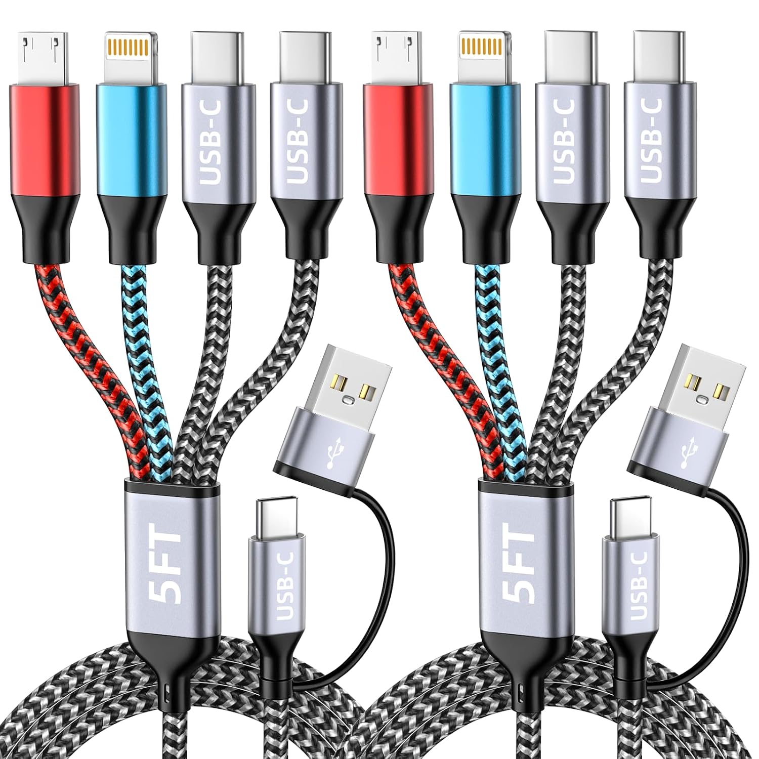Detalle de Dual USB-C 4IN2 Multi Charging Cable: 5FT USB-C & USB-A Charging Cord for Multiple Devices