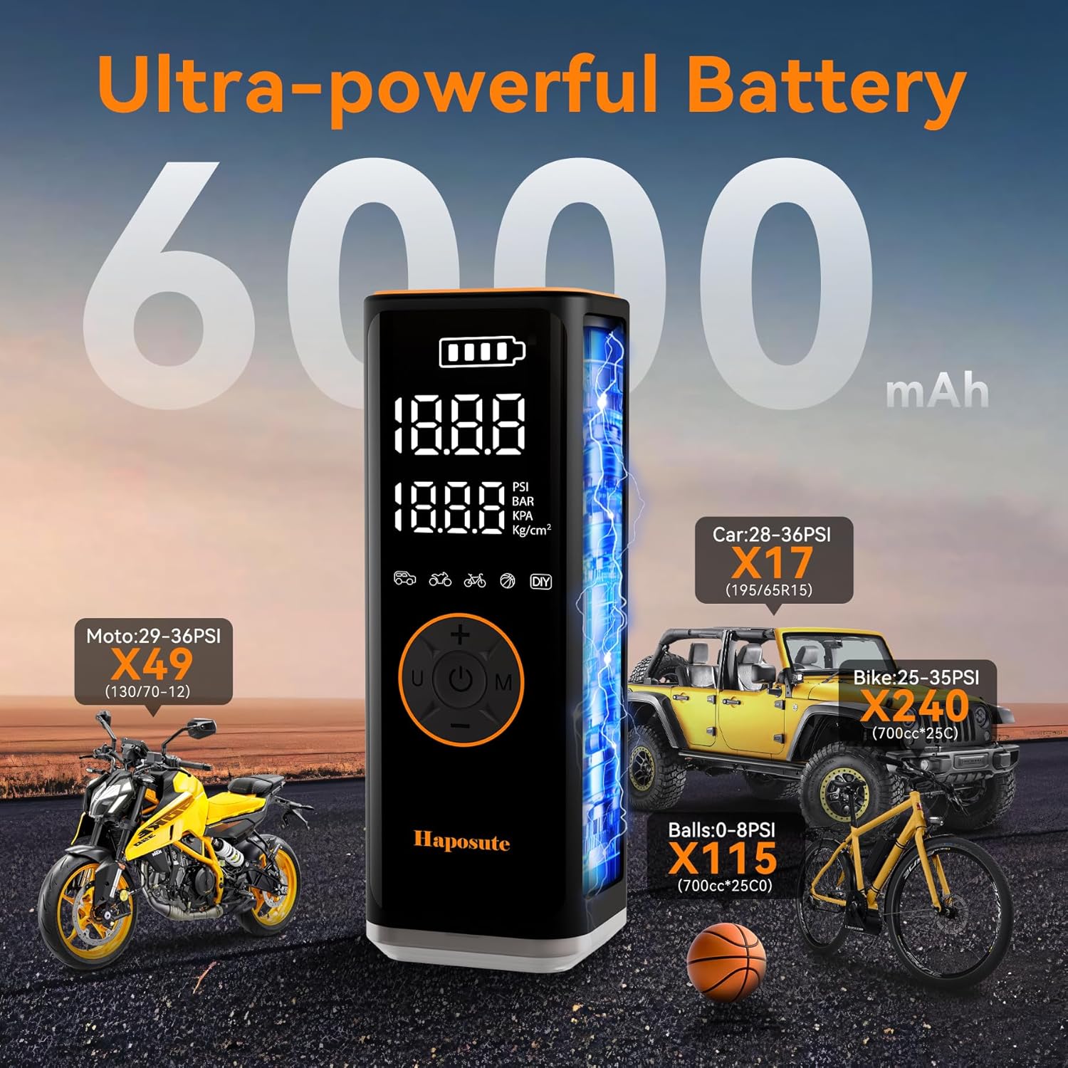 Thumbnail 3 de Haposute Tyre Inflator Portable Air Compressor 12V DC — 150 PSI, 6000mAh Battery, Dual LED Light