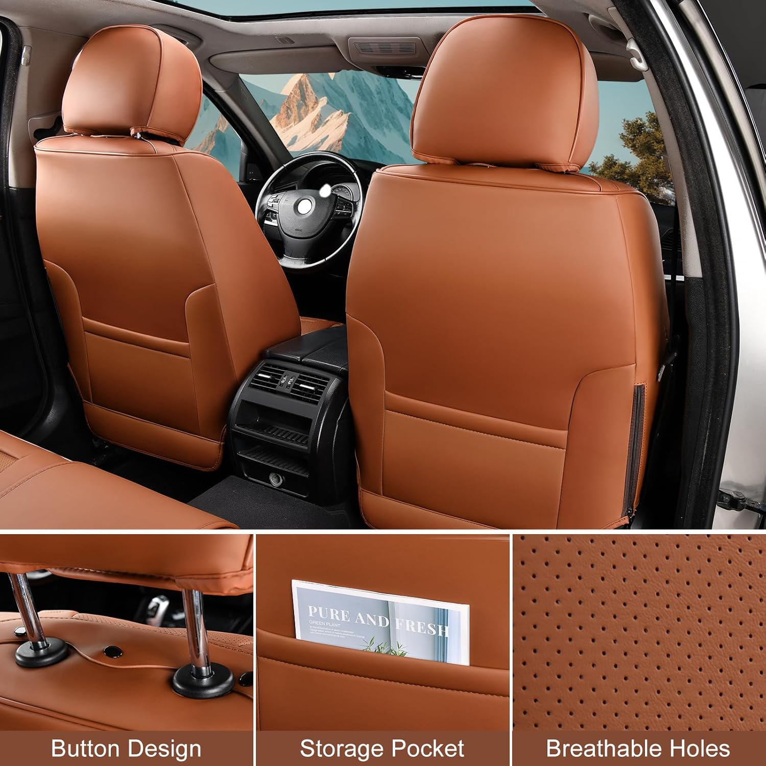 Thumbnail 2 de TIEHESYT Car Seat Covers Full Set (Brown) with Removable Memory Headrests