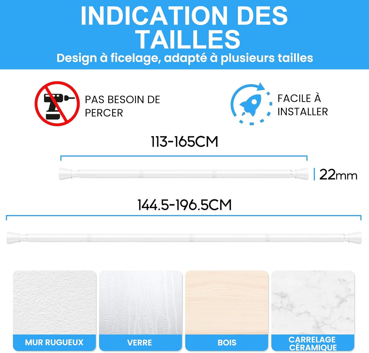 Thumbnail 1 de ZipGlo Tringle rideau sans perçage 115–195 cm, 22 mm — acier au carbone
