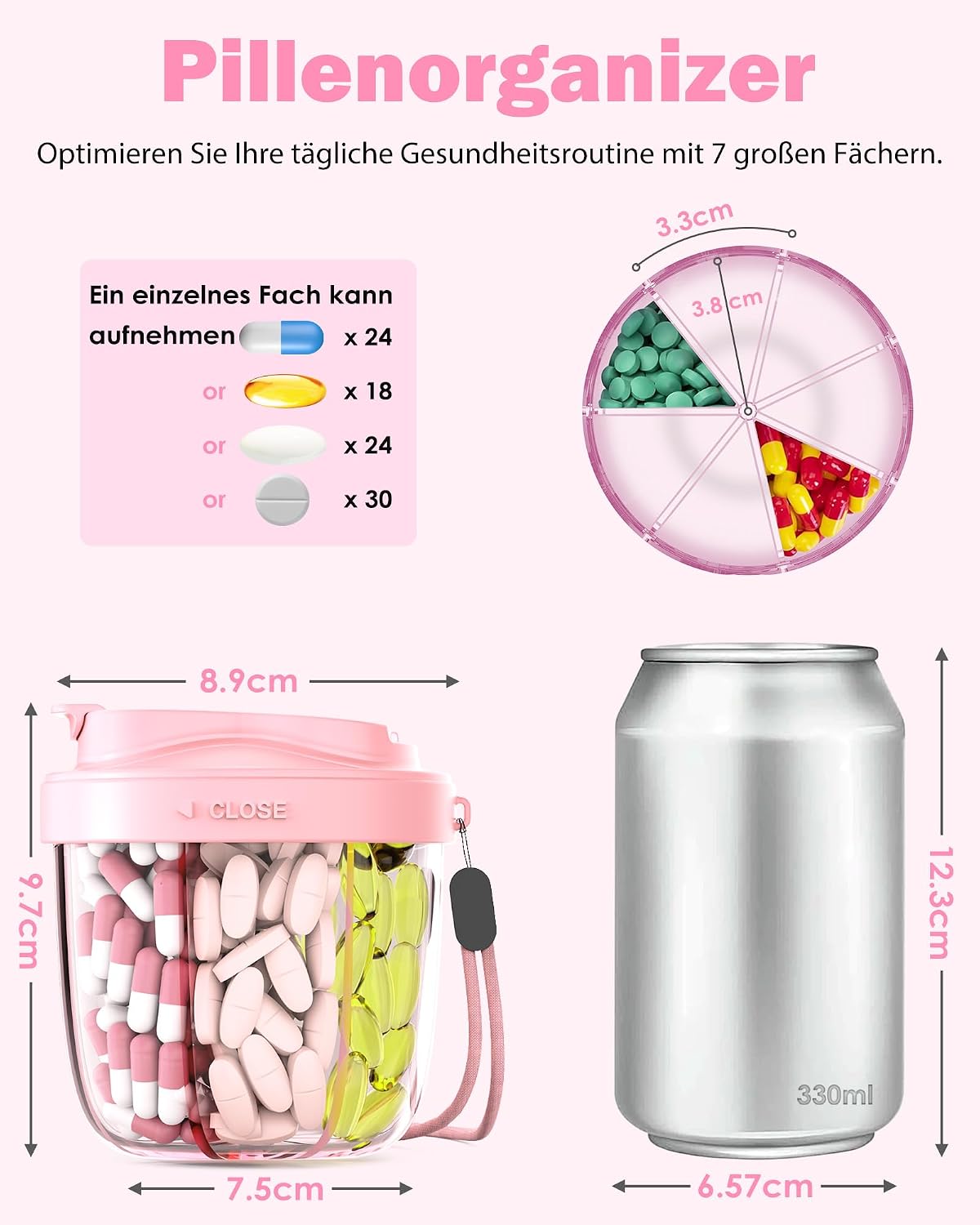 Detalle de Tablettenbox 7 Tage „Morgens Mittags Abends“ – runde 7-Fächer-Organizer mit weiter Öffnung, Anti-Verwechslung & Etiketten