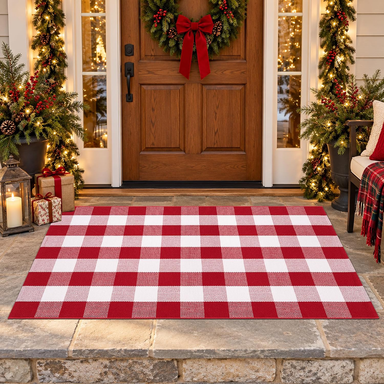 Detalle 2 de Homydecor 3' x 5' Christmas Plaid Door Mat, Reversible Cotton-Poly Flatweave