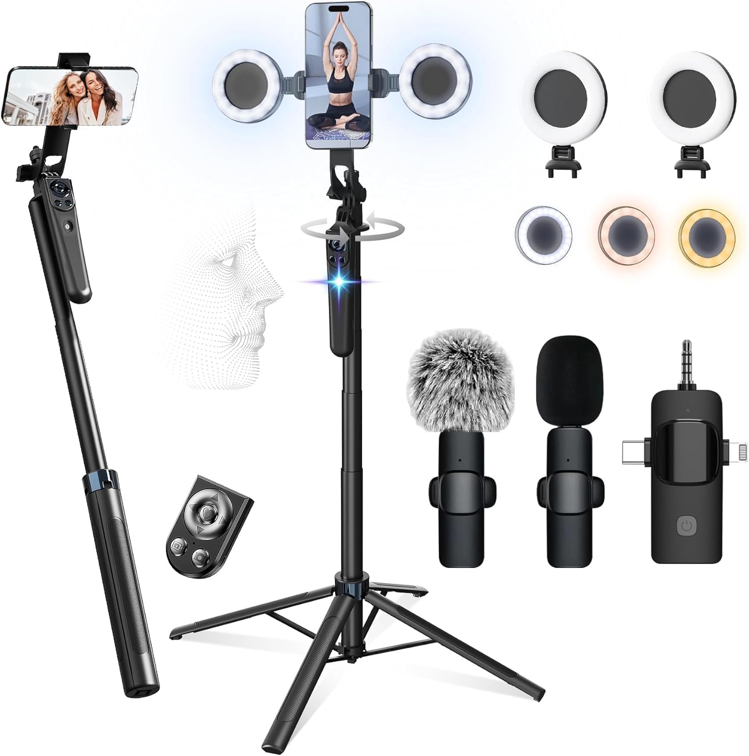 Detalle de DMYWB ZH0003-A1 Vlogging Kit with 71-Inch Tracking Tripod, 2 Lights & 2 Mics