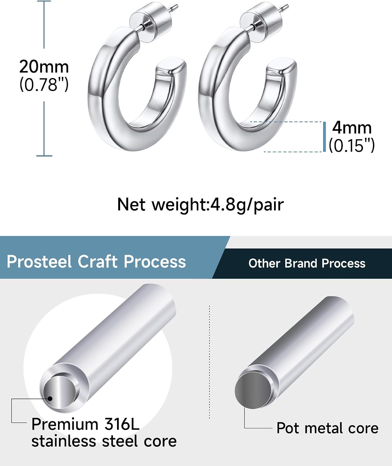 Detalle de Orecchini a cerchio PROSTEEL con colonna quadrata vuota (20/30/40/60/80 mm) in acciaio inox 316L
