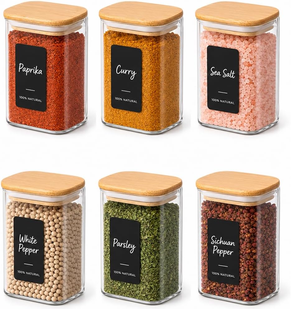 Detalle de ComSaf 240 ml Glass Spice Jars, 6 Pack with Bamboo Lids and Labels
