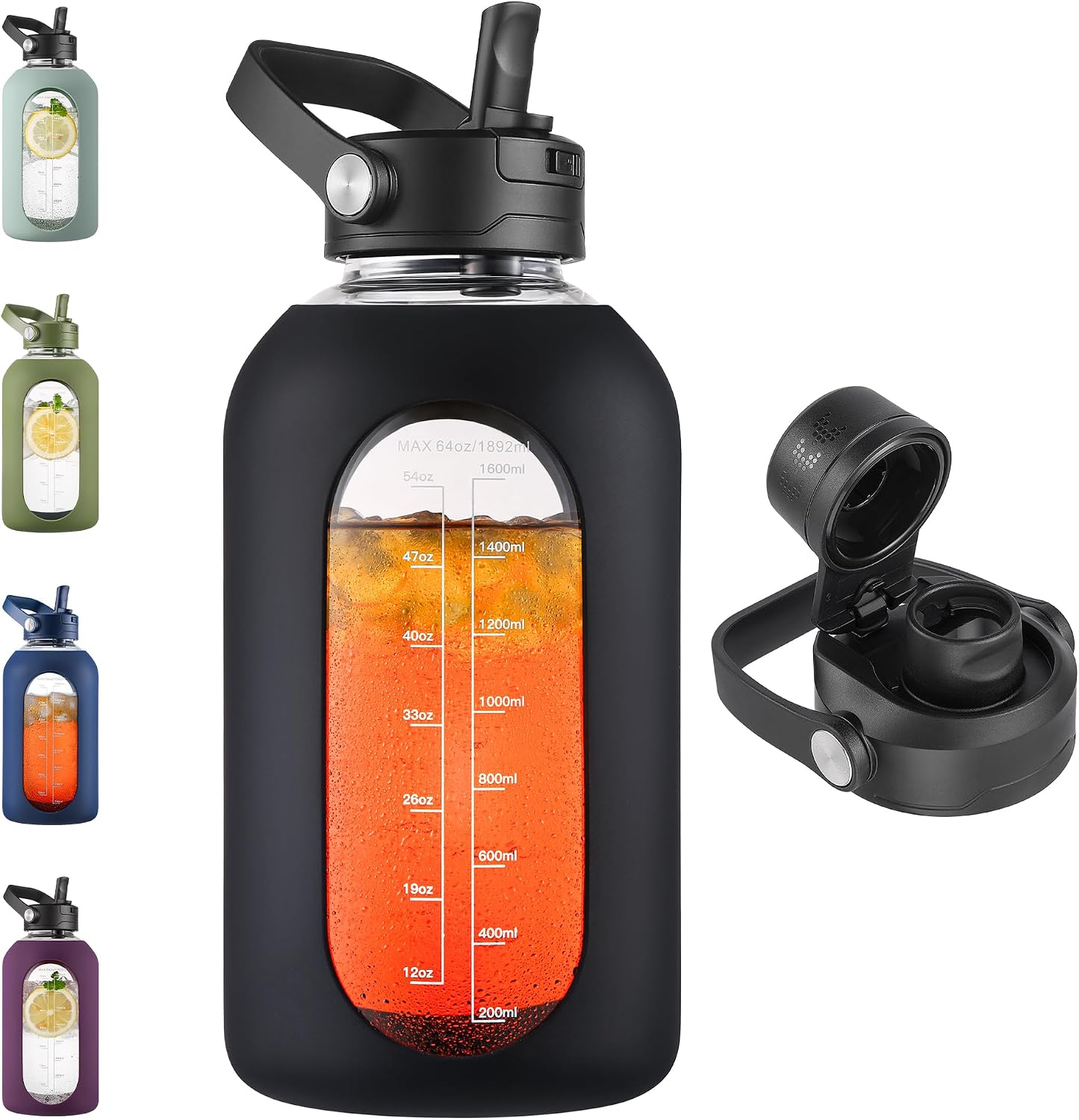 Detalle de CIVAGO GWJ64BLACK 64 oz Glass Water Bottle with Straw and Time Markers