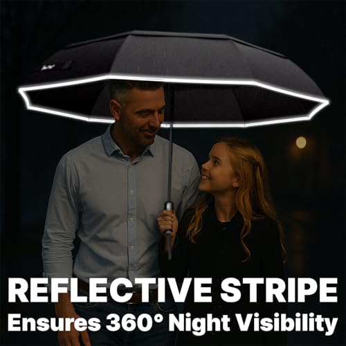Detalle de Royal Walk Folding Travel Umbrella with Vented Canopy, Reflective Strip & Wood Handle