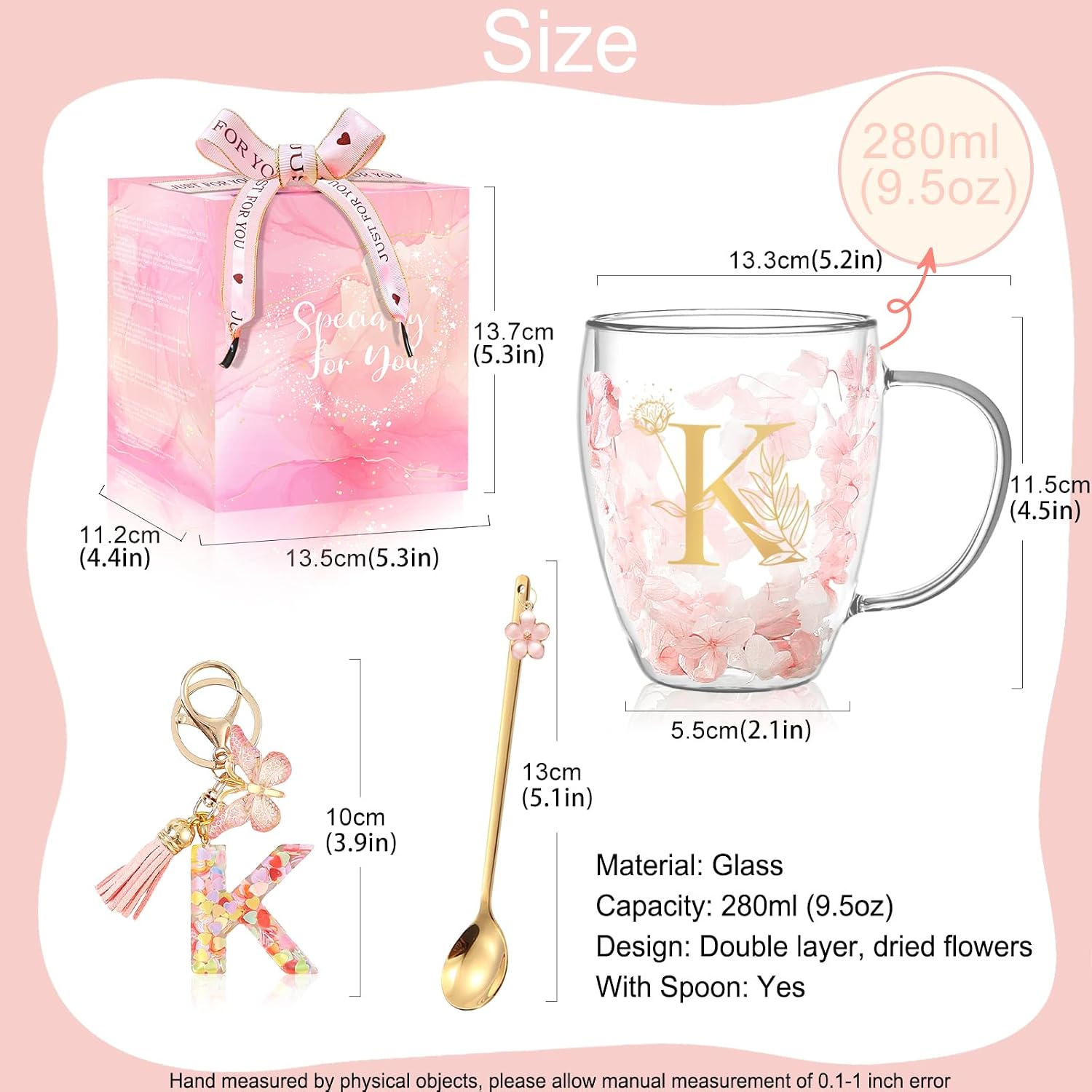 Detalle 2 de Gifts for Women Glass Coffee Mugs with Gold Monogram and Dried Flowers – Personalised 280ml Double-Walled
