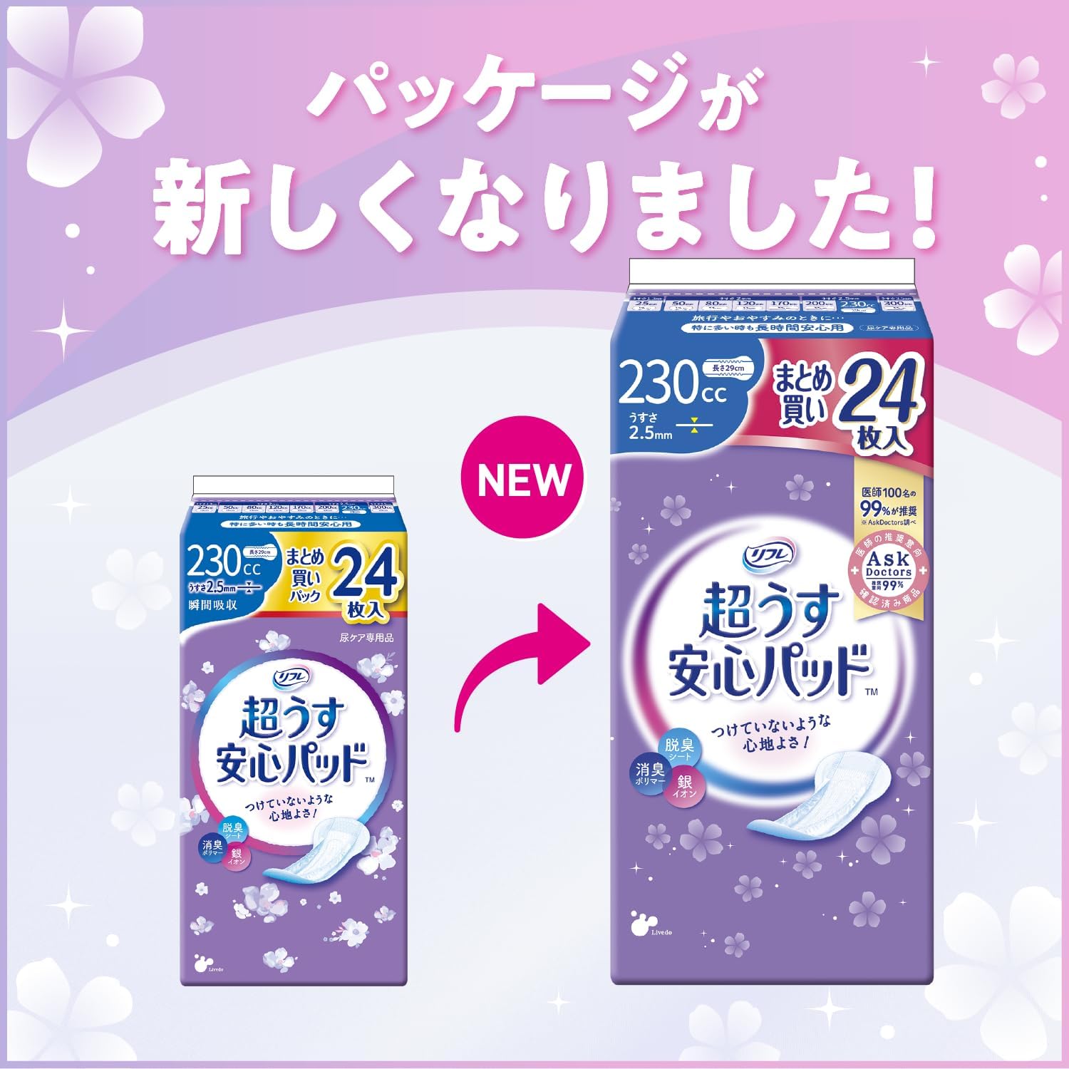Thumbnail 1 de リフレ 超うす安心パッド 230cc 尿漏れパッド 29cm・2.5mm・48枚