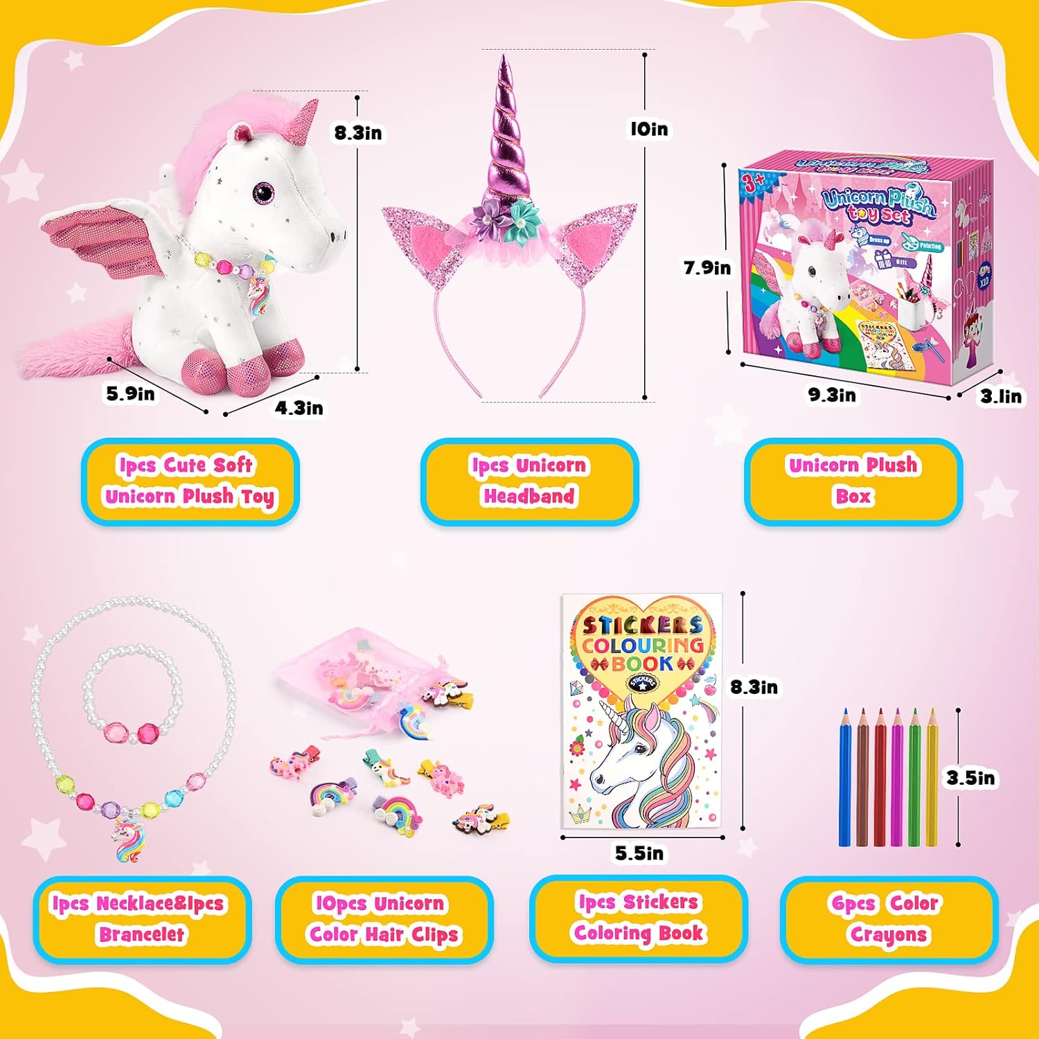 Thumbnail 2 de EUCOCO Unicorn Gifts for Girls (Age 3–8) – soft plush toys set with clips, bracelet necklace, colouring book and brushes