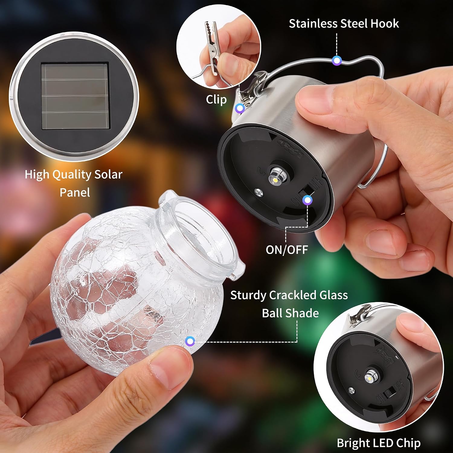 Thumbnail 2 de Innvist 8-Pack Outdoor Hanging Solar Lights: Multi-Colour Crackled Glass, IP65, Battery-Powered Ambience