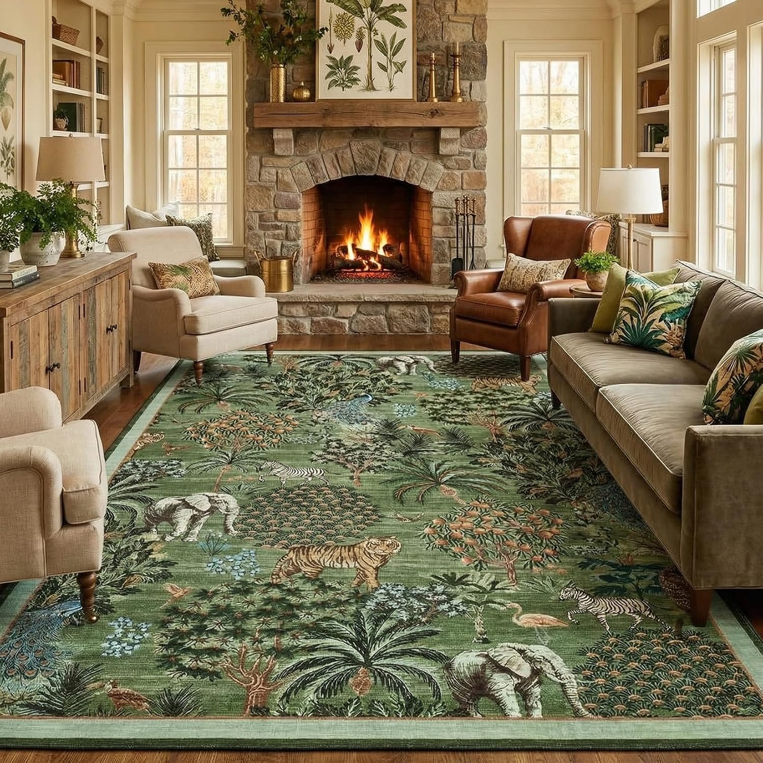 Detalle de GarveeHome Animal Print 8' x 10' Washable Area Rug, Forest Green