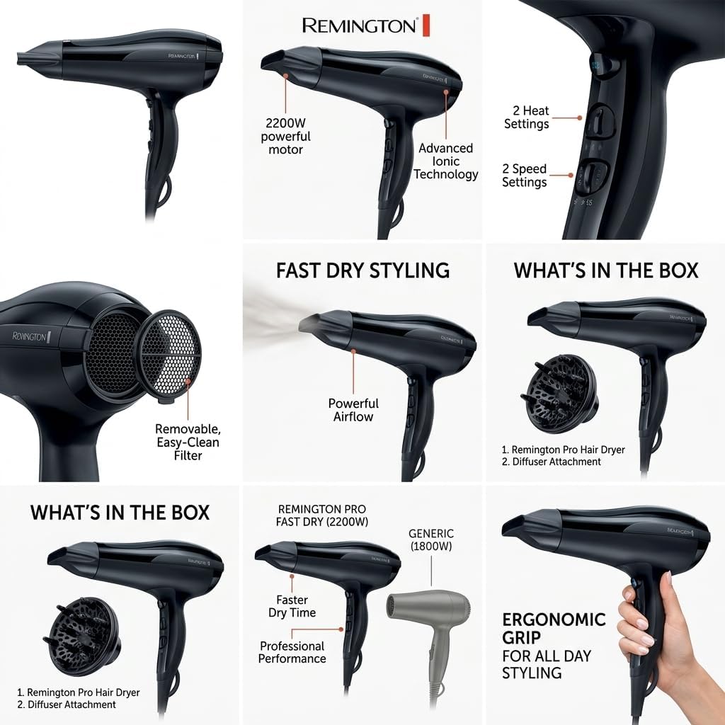 Thumbnail 4 de Remington Ionen Haartrockner Pro-Air D5210 (2200 W, Keramik-Ionen-Ring, Stylingdüse)