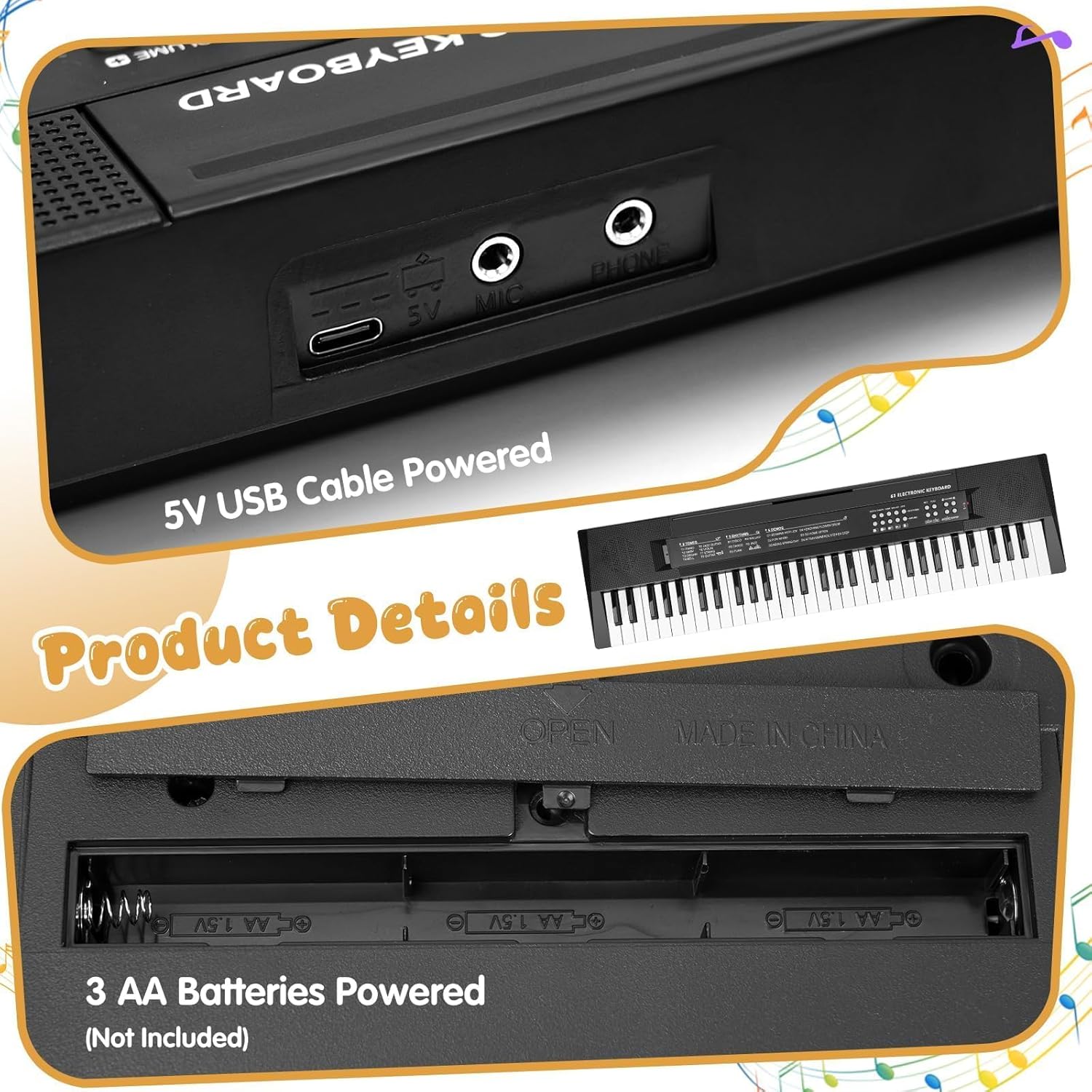 Detalle de Bambini Tastiera Pianoforte Giocattolo Pianola con Microfono - 61 Tasti Portatile, Nero