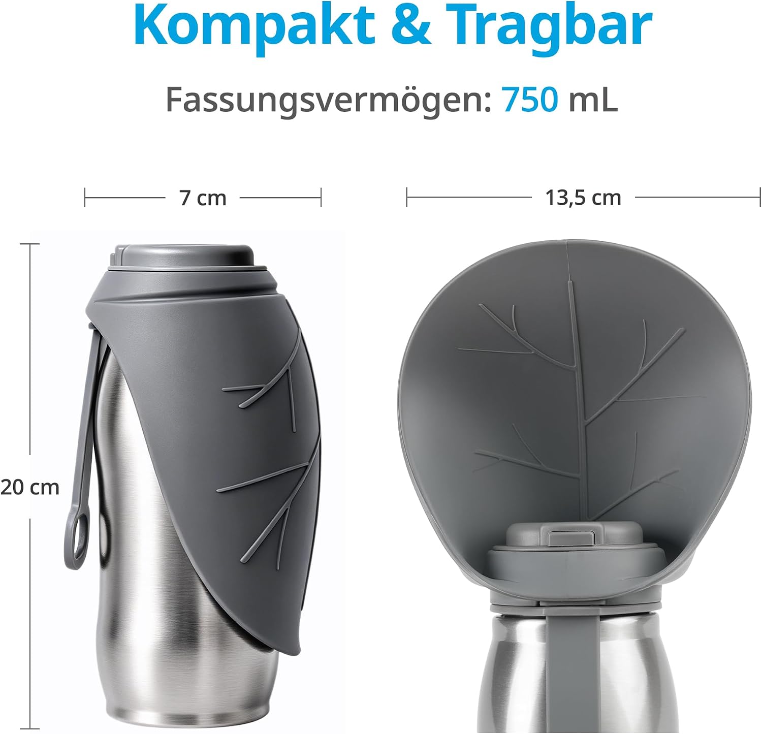 Detalle de Petace Hundetrinkflasche für unterwegs, 750 ml – Edelstahl, auslaufsicher