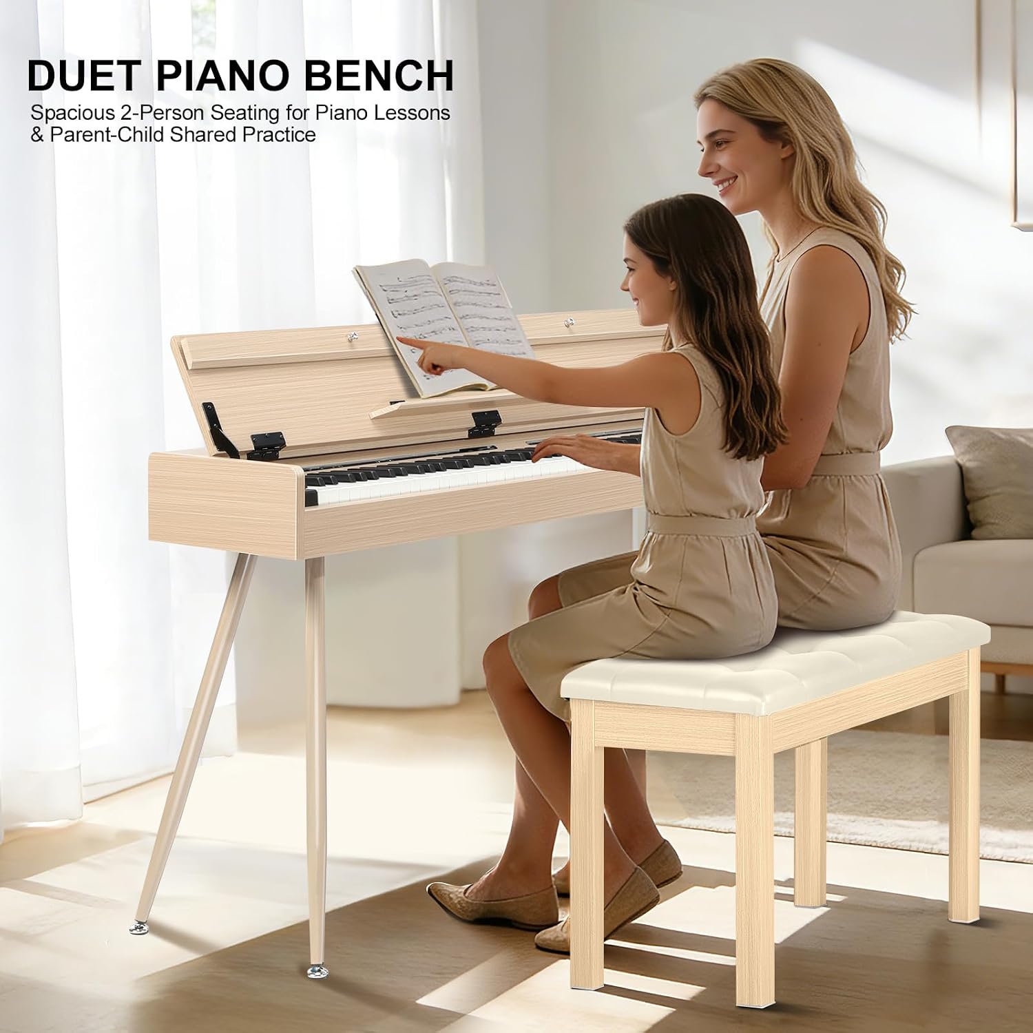 Detalle 2 de Vediya VES95 Duet Piano Bench with Storage, Tufted Apricot Seat