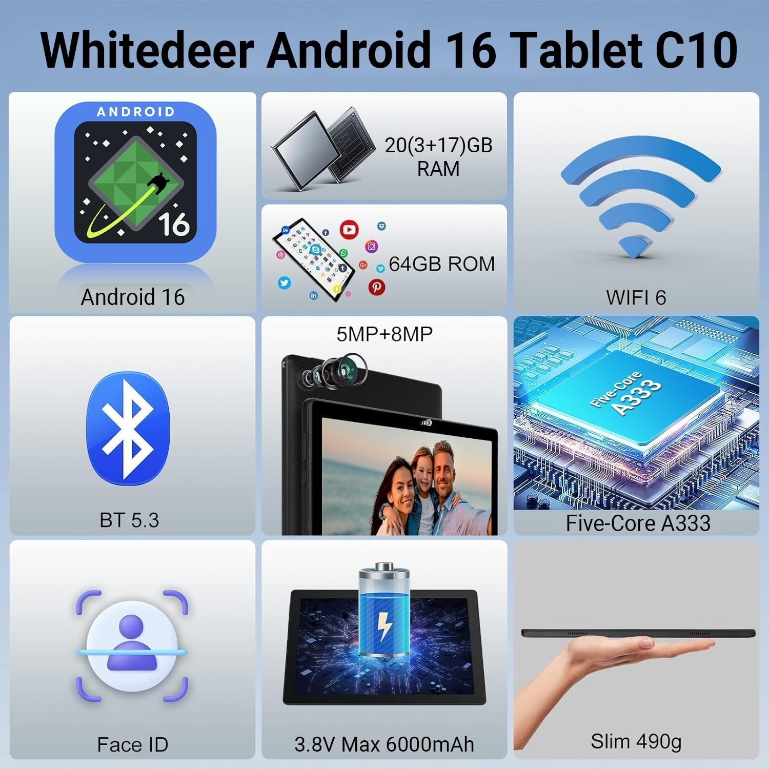 Detalle 2 de Whitedeer Tablet 10 pollici Android 15 Octa-Core con Face ID, WiFi 6 e Widevine L1 (Nero)