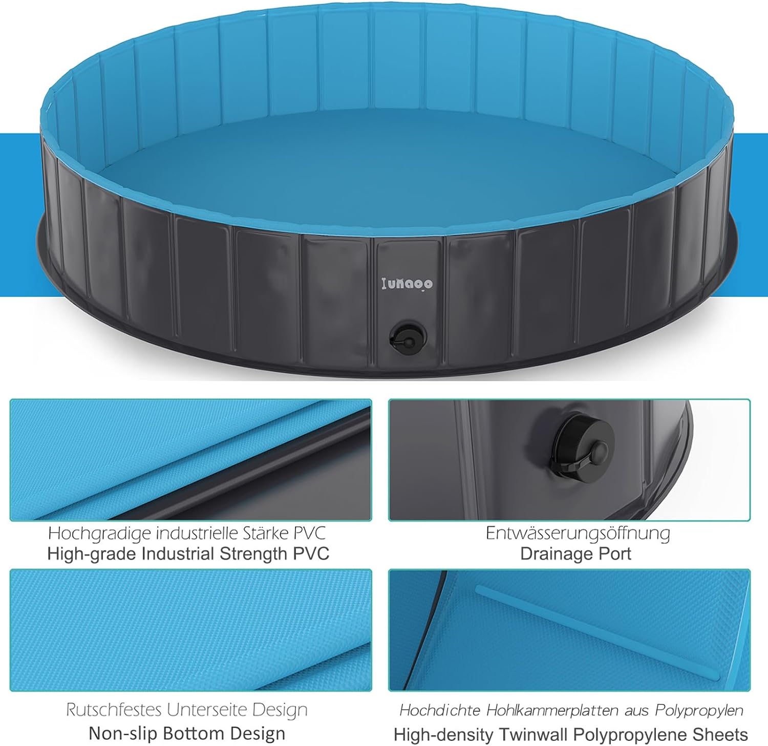 Detalle 2 de lunaoo Piscina per Cani Grandi Piegevole e Portatile, azzurro chiaro 160 x 30 cm