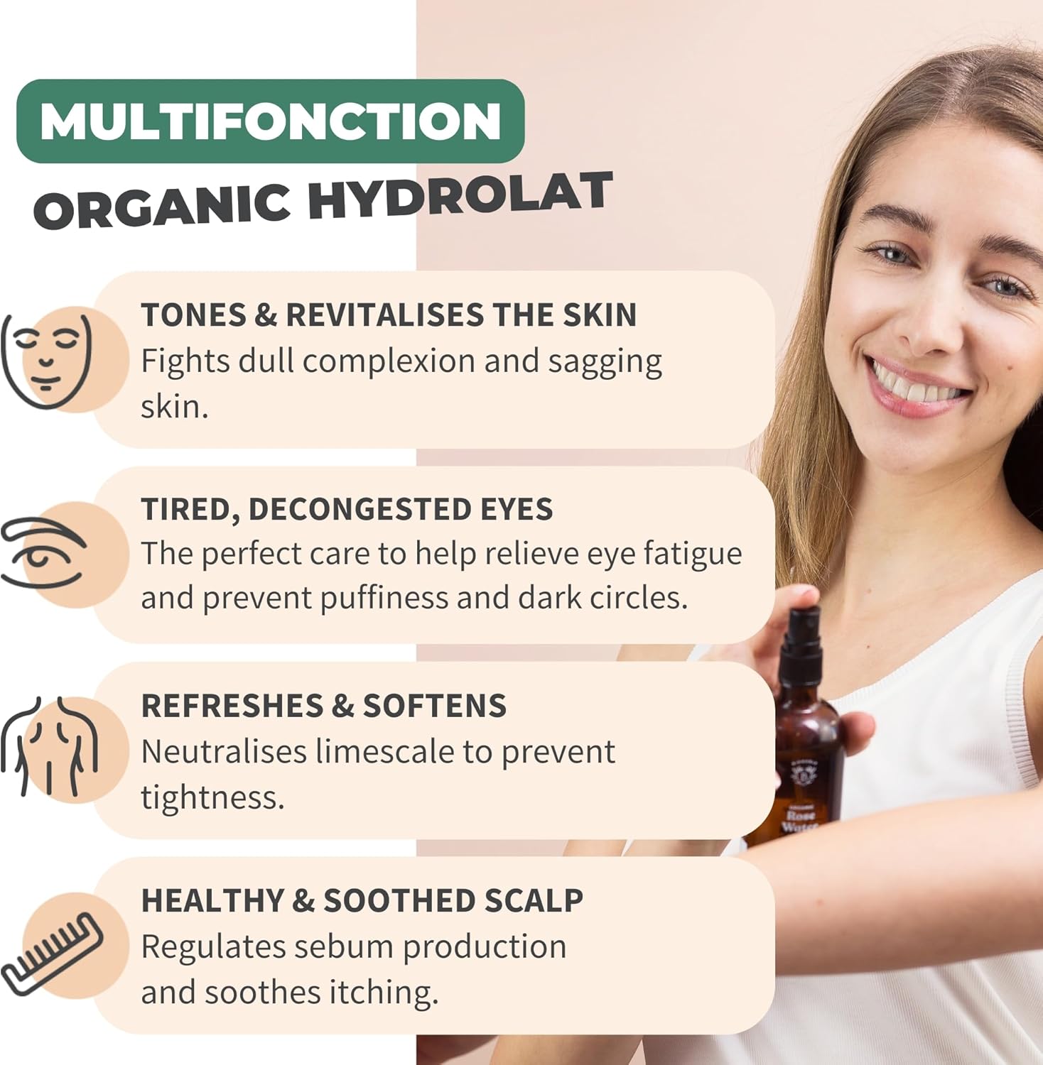 Detalle de BIONOBLE Organic Rose Water Spray — 200ml, Alcohol-Free Hydrolat for Face, Hair & Body