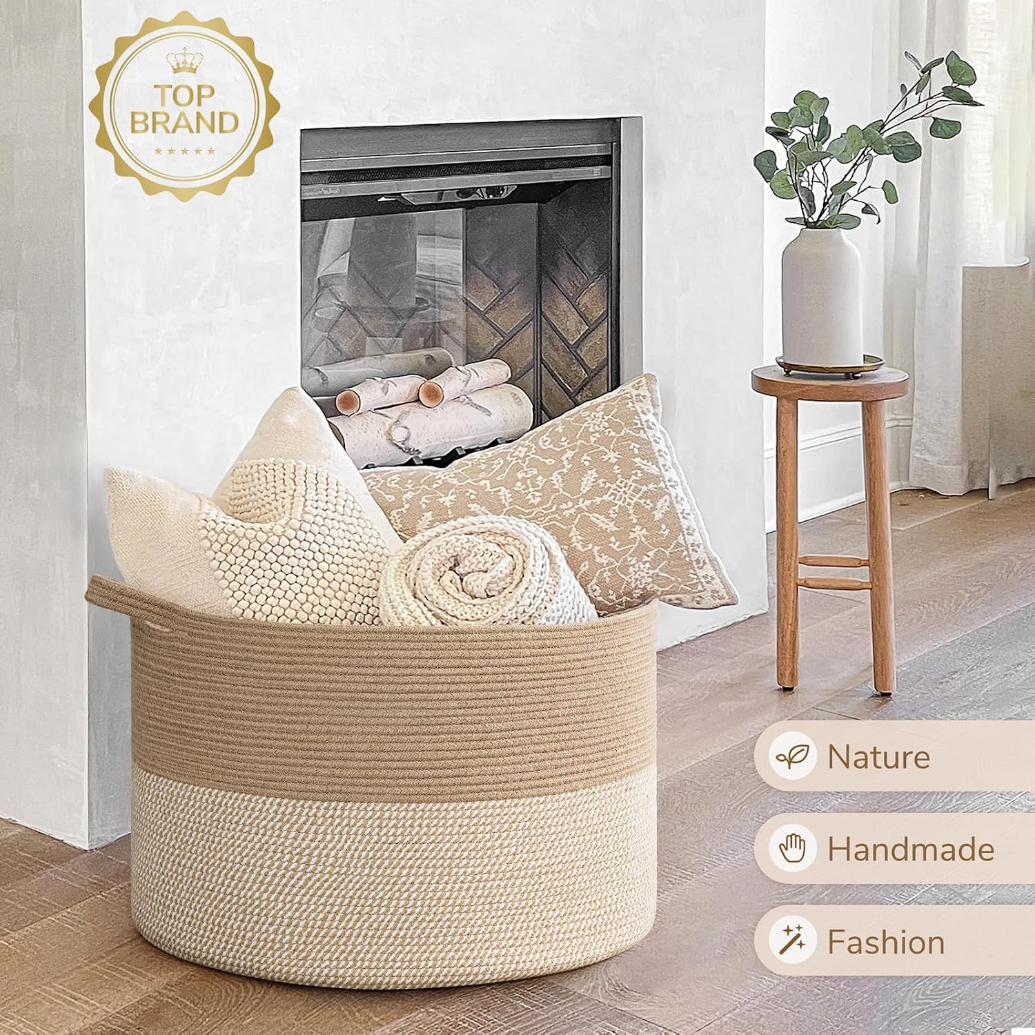 Thumbnail 6 de INDRESSME 115L Extra-Large Woven Storage Basket, White & Jute, Collapsible