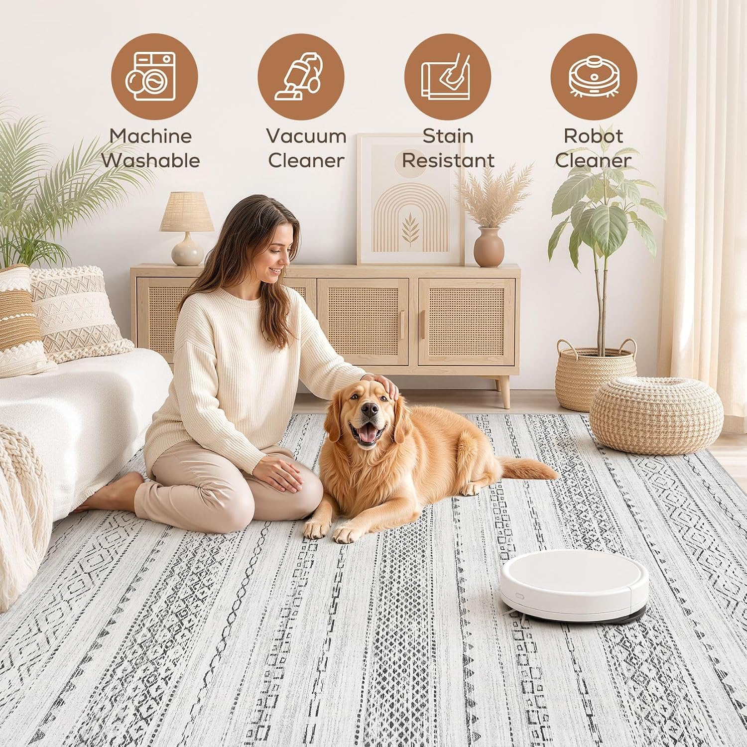 Thumbnail 2 de Nakagishi 9x12 Area Rug: Washable Boho Grey, Non-Slip, Stain-Resistant