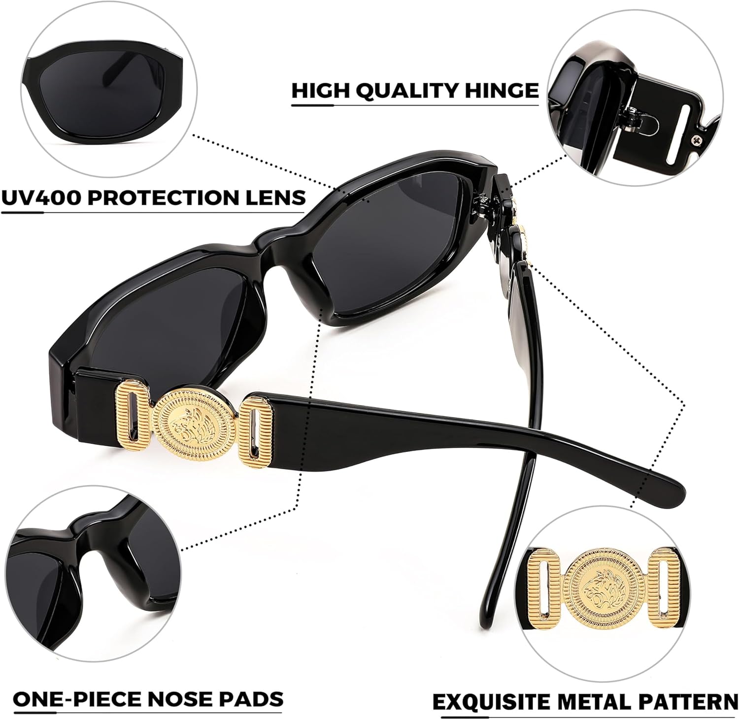 Detalle de FEISEDY Vintage Lunettes de Soleil Rectangulaires – Style rétro années 90 pour femmes et hommes
