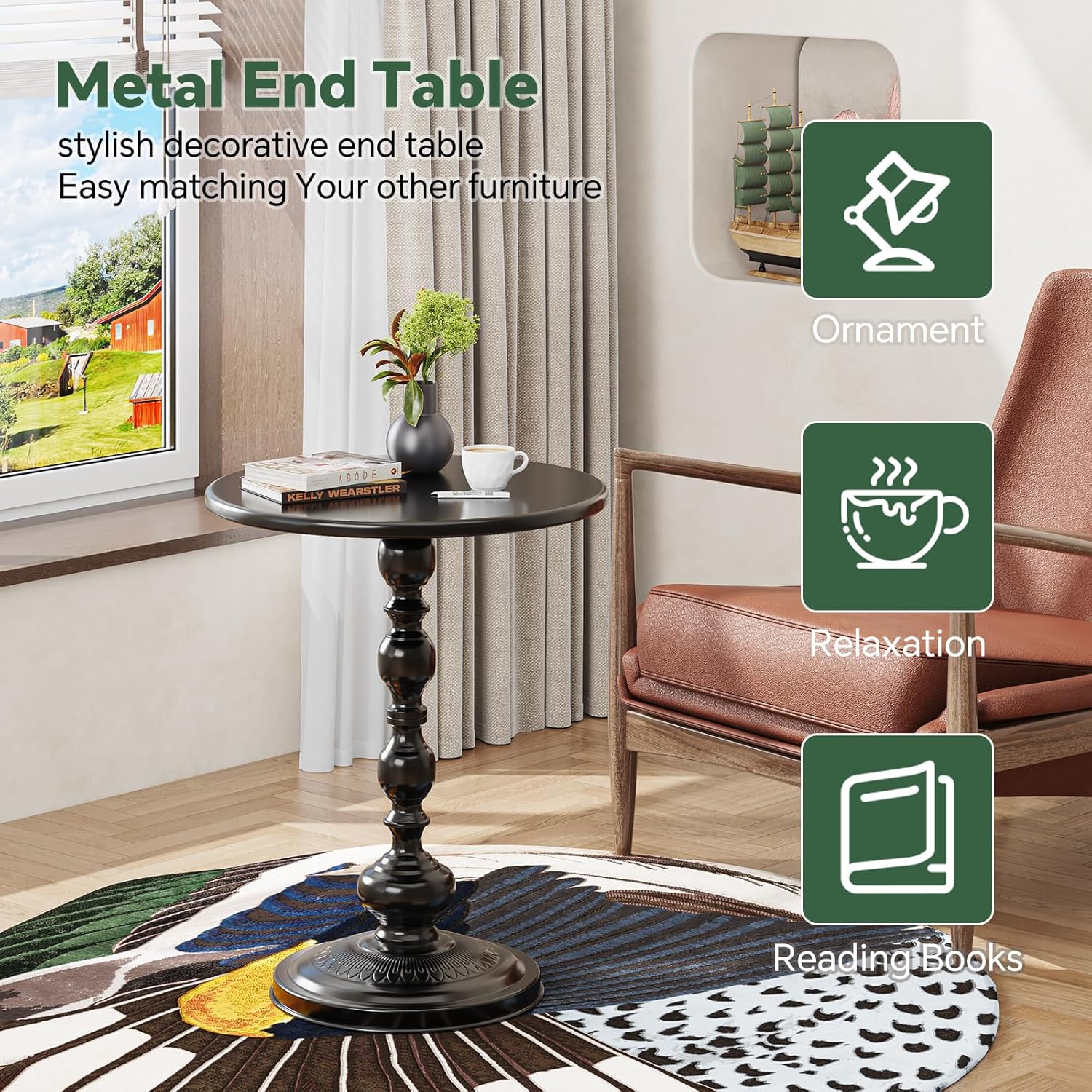 Detalle 2 de Simple Trending Small Side Table, Round Vintage-Style Metal End Table in Black