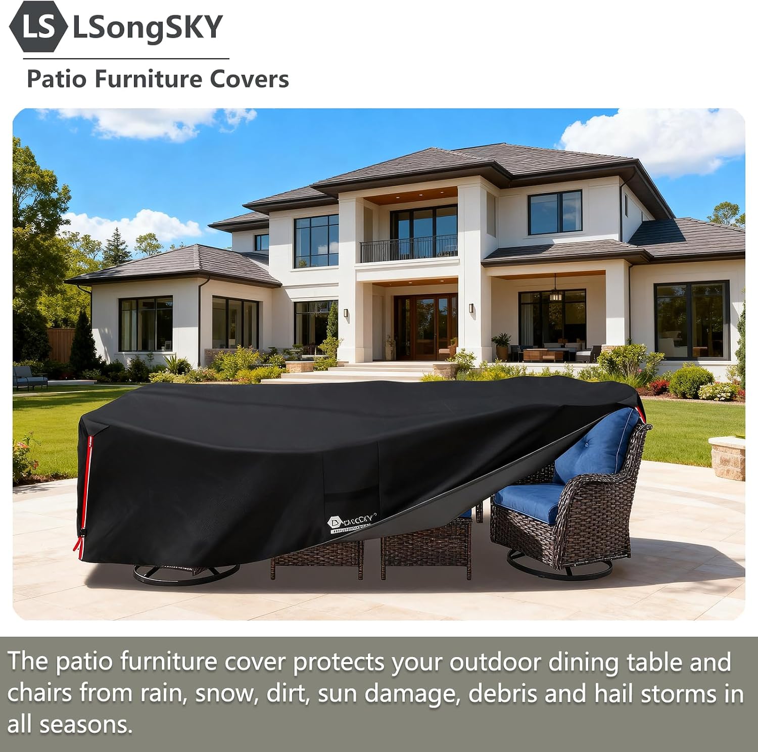 Detalle de LSongSKY Rectangular 111"L x 74"W Patio Furniture Cover, 600D Waterproof Oxford