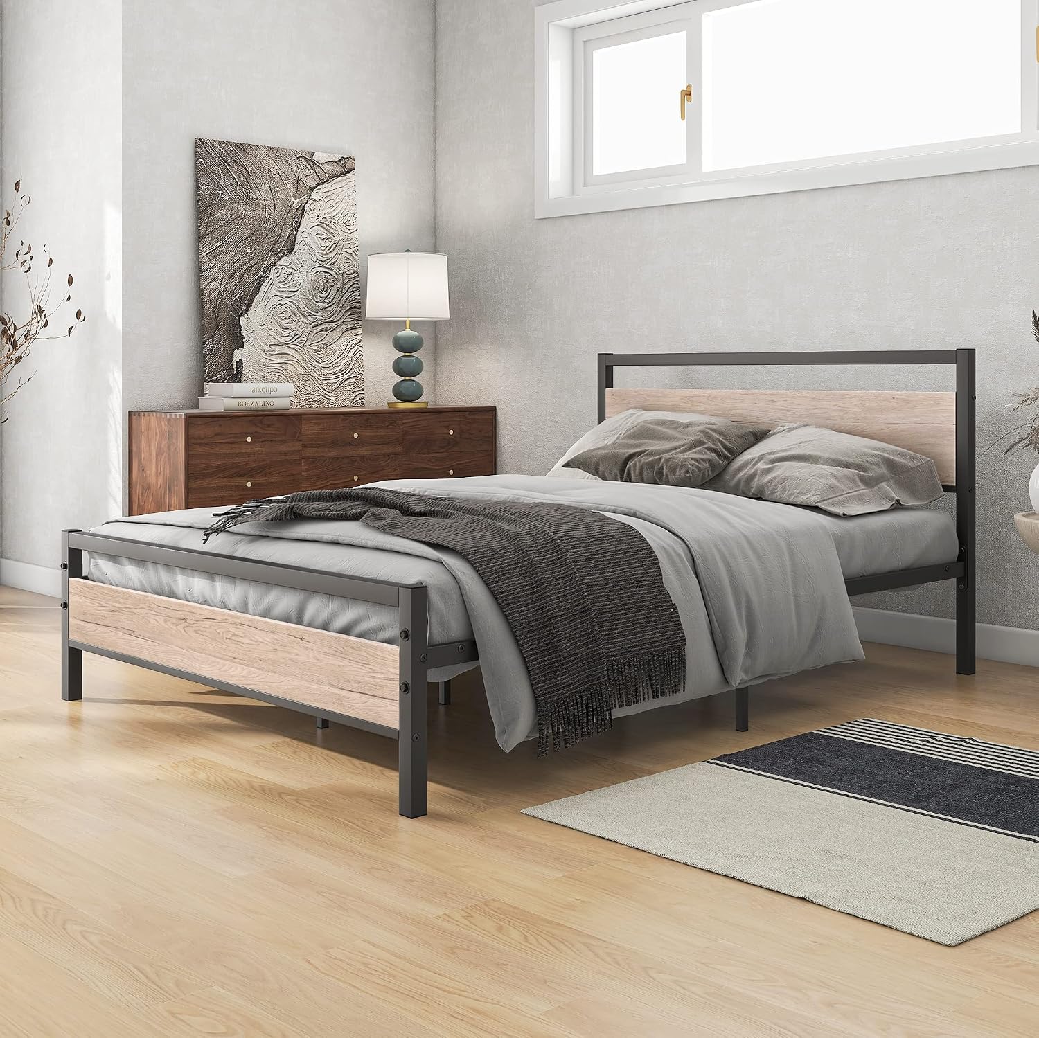 Detalle de BOFENG Full Metal Platform Bed Frame with Oak-Colour MDF Headboard
